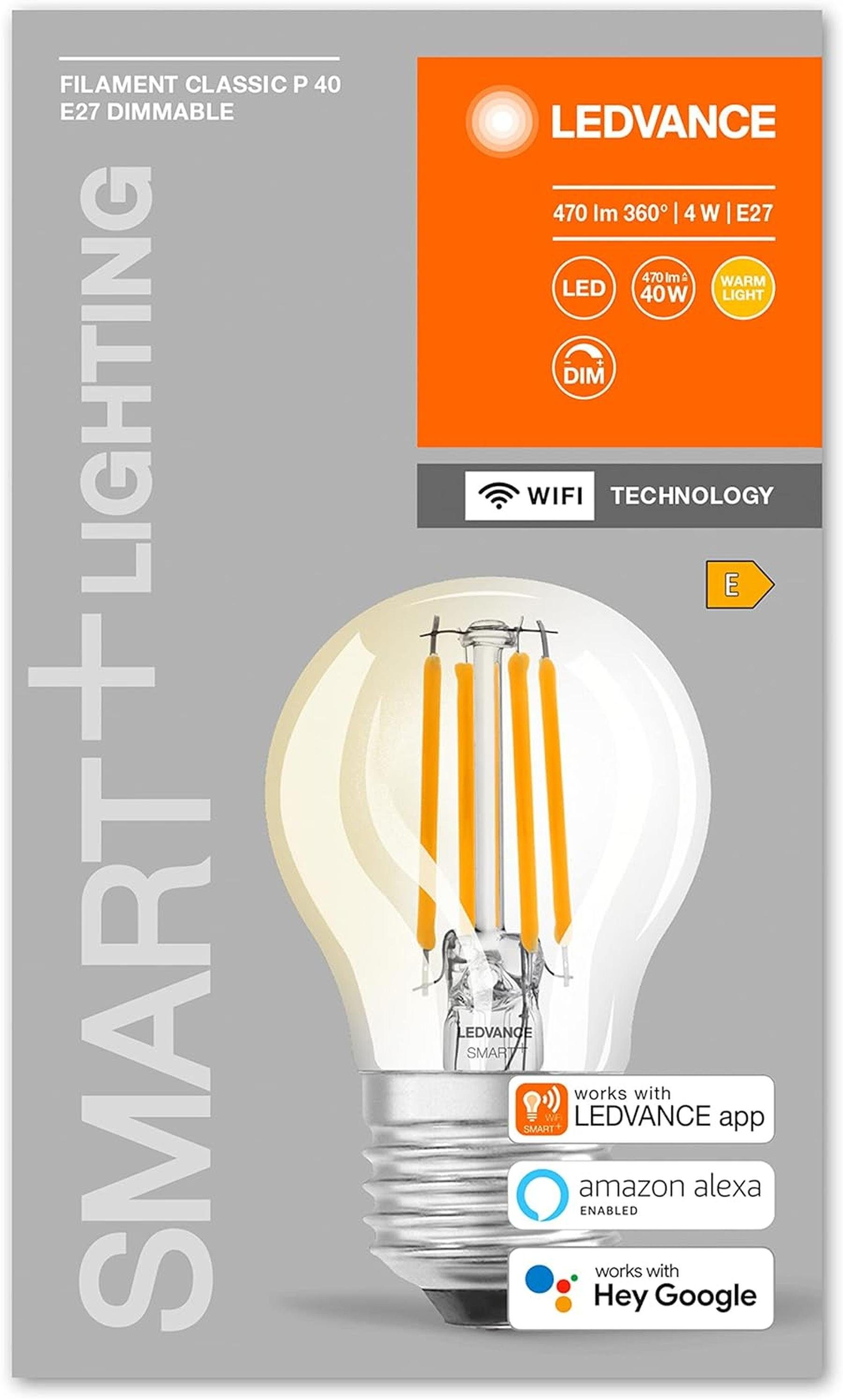 mini LED-Leuchtmittel Lampe warmweiß E27, Glühbirne Ledvance 4W, Dimmbar, Wifi App-Steuerung Warmweiss, Tropfenform Energiesparend, E27 Smart