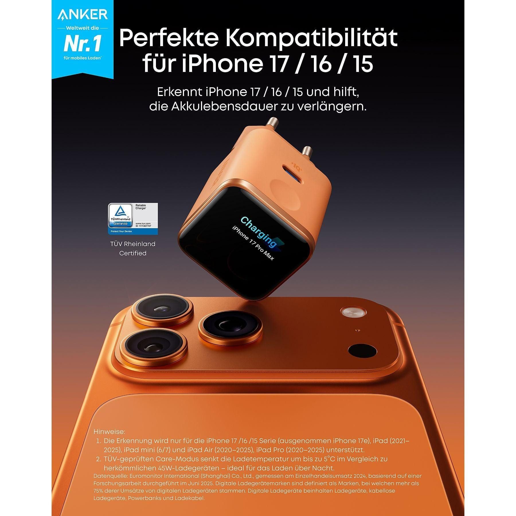 Anker Anker Nano Ladegerät 45W Ladestation (Kompakter 45W Akku mit Nano-Charcoal-Technologie)