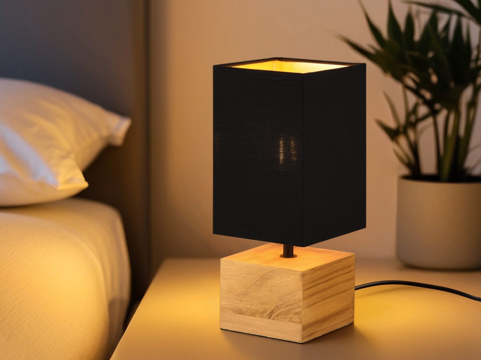 Reality Leuchten LED Nachttischlampe, Dimmfunktion, LED wechselbar, Warmweiß, mit Holz-fuß Lampenschirm Fensterlampe Fensterbank Schwarz Gold H 30cm