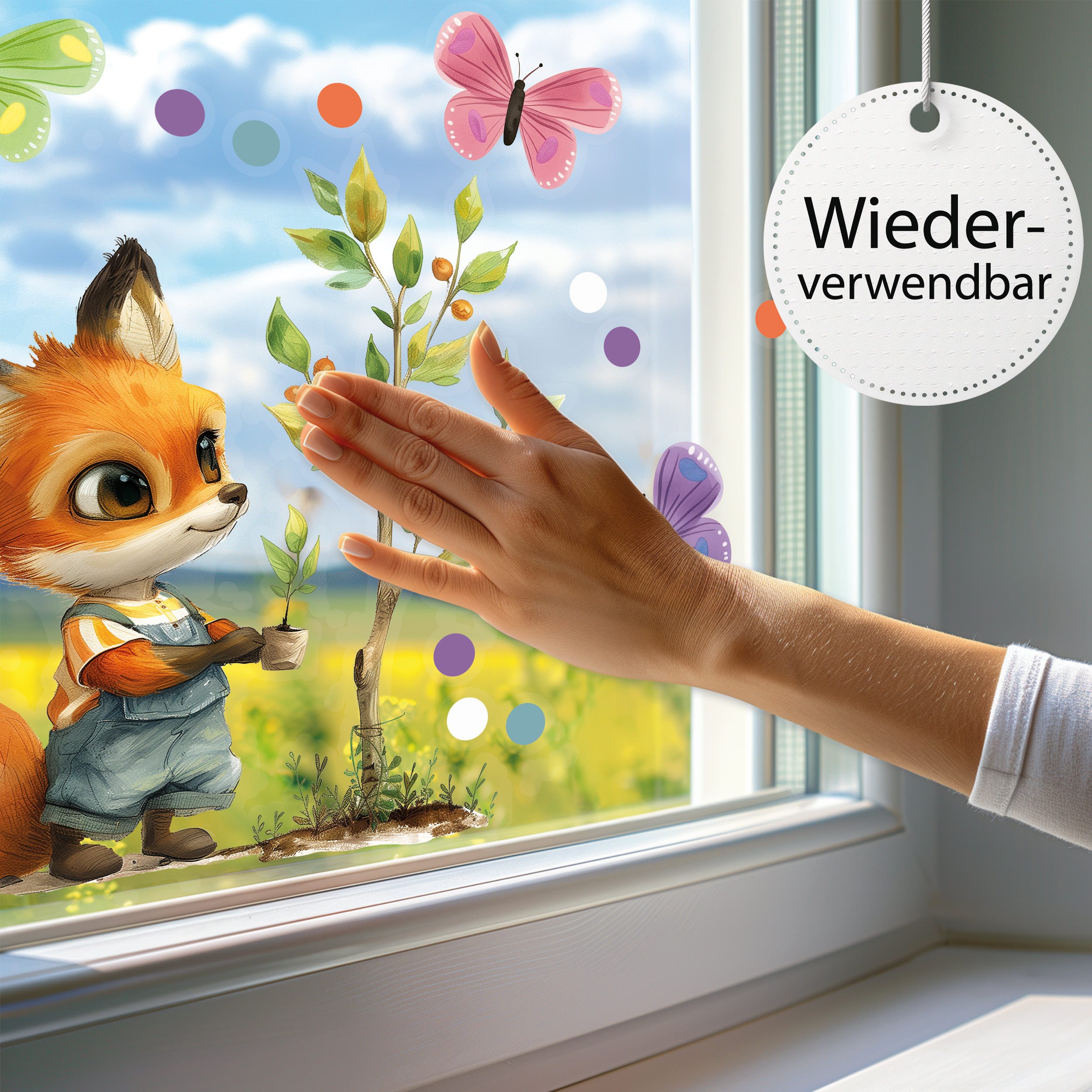 Sunnywall Fensterdekoration wiederverwendbares Fensterbild Fuchs Gärtner Baum Schmetterling, wiederverwendbar, statisch haftend, beidseitiger Druck