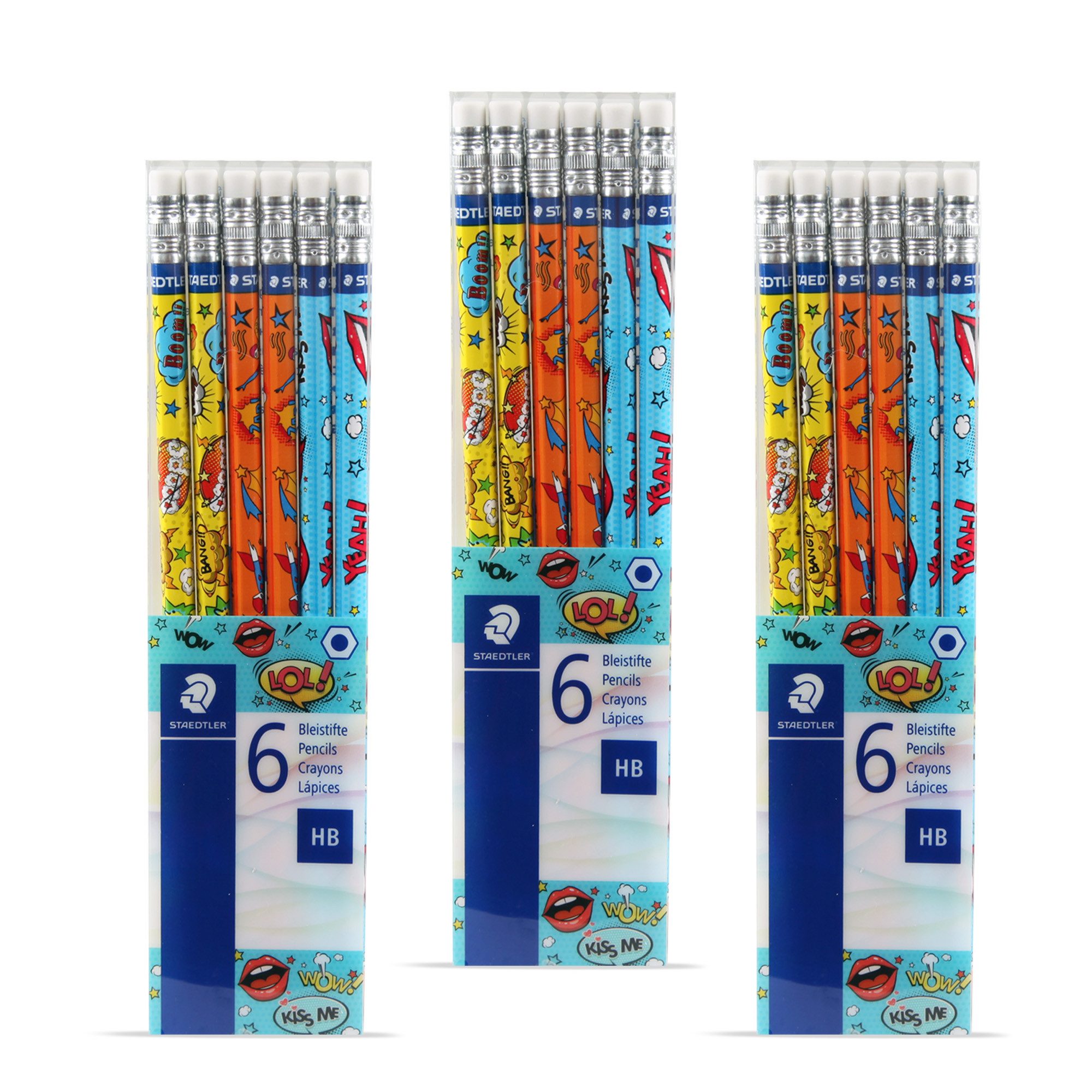 STAEDTLER Bleistift Hexagonaler Bleistift 172COTB6, (3 x 6er Set, 18-tlg), HB Holzstift mit Radiergummi - Vorgespitzt zum Zeichnen, Schreiben