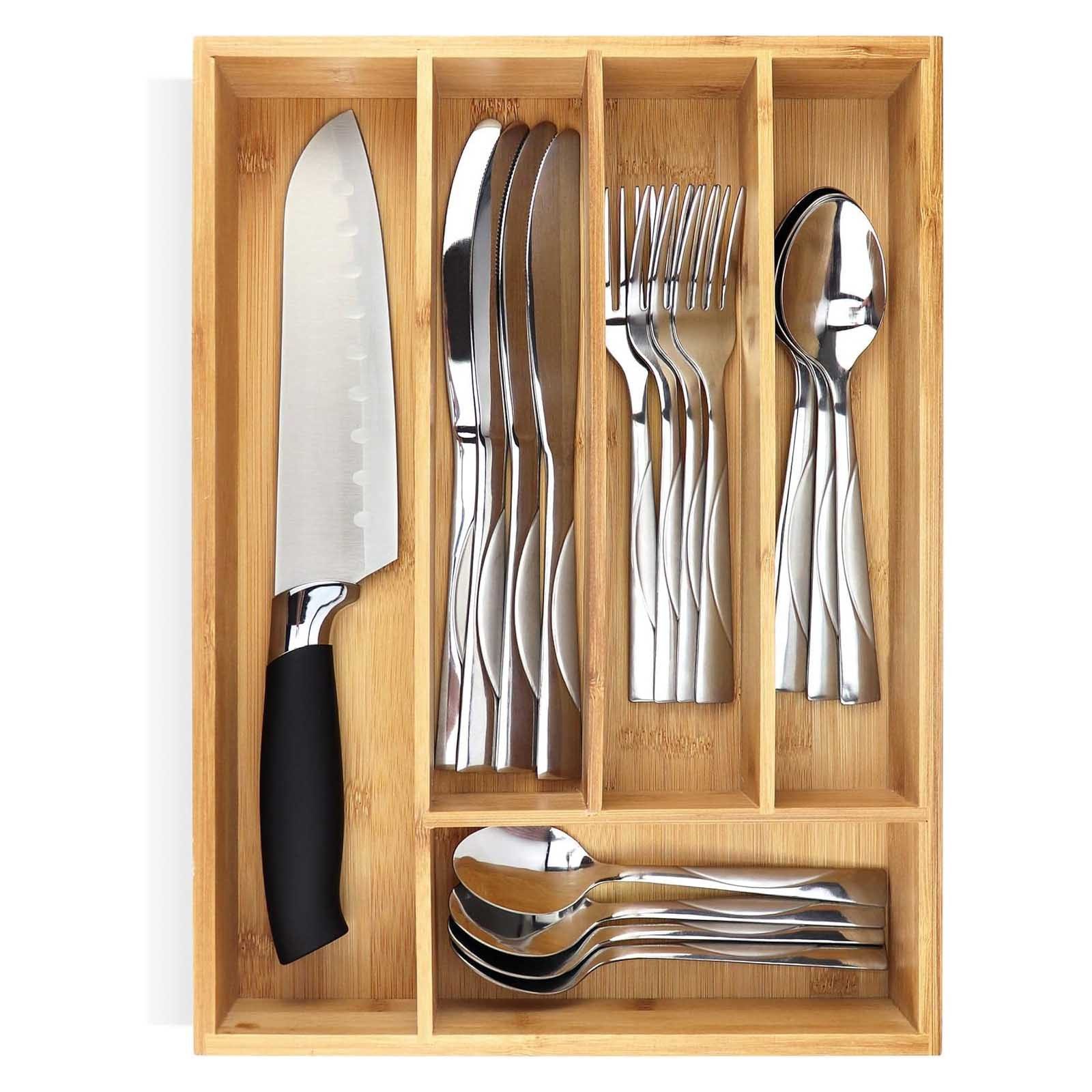 Pristine Bamboo Besteckkasten Universal Schubladeneinsatz Besteck Küche Büro Organizer Einsatz, 34,3 x 24,9 x 6,1 cm Bambus 5 Fächer