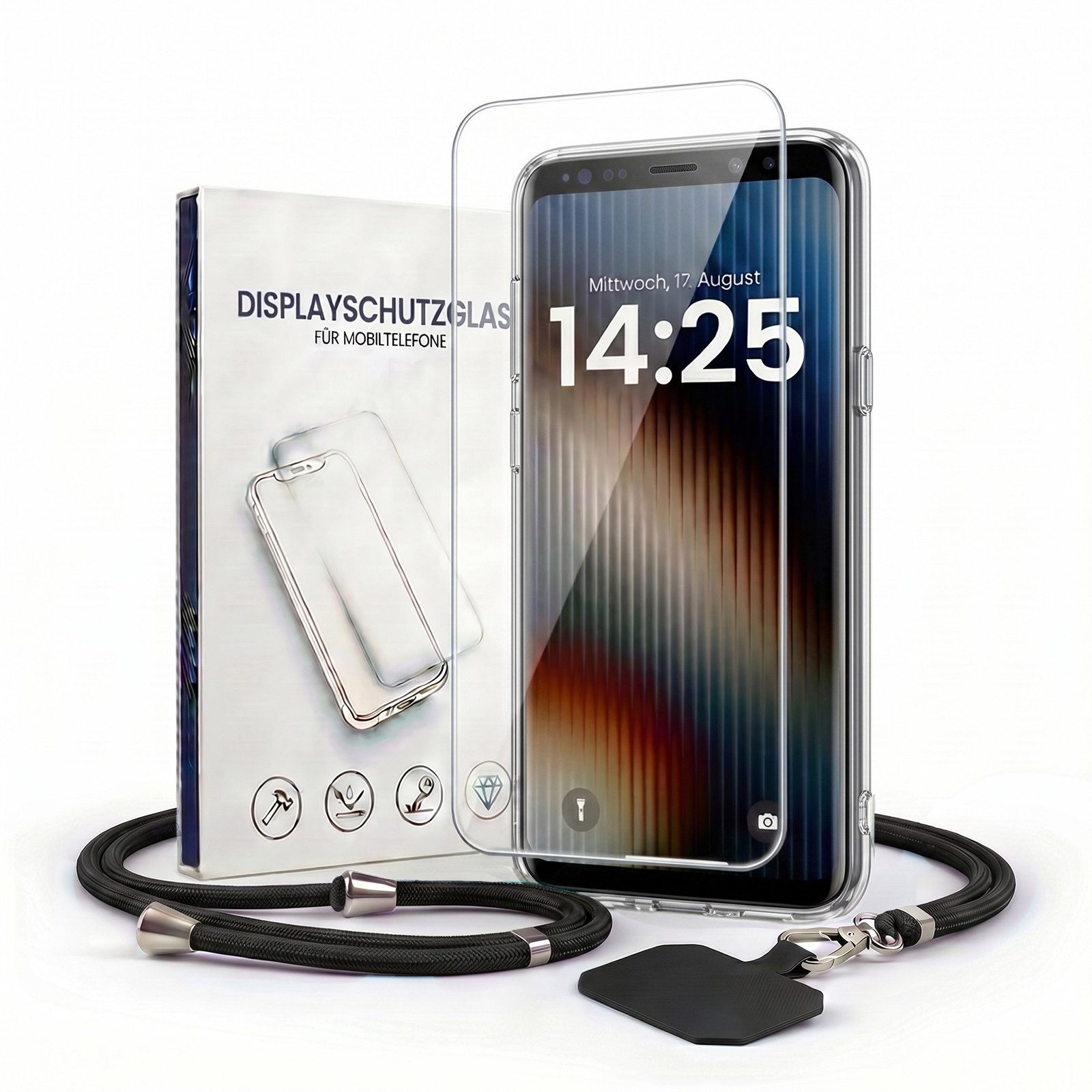 Handyhülle Handy Hülle Cover mit Trageband für Samsung Galaxy S9+ 6.2 Zoll, 6.2, Slim Case mit Handykette Handyband Umhängeband Lanyard 9H Glas