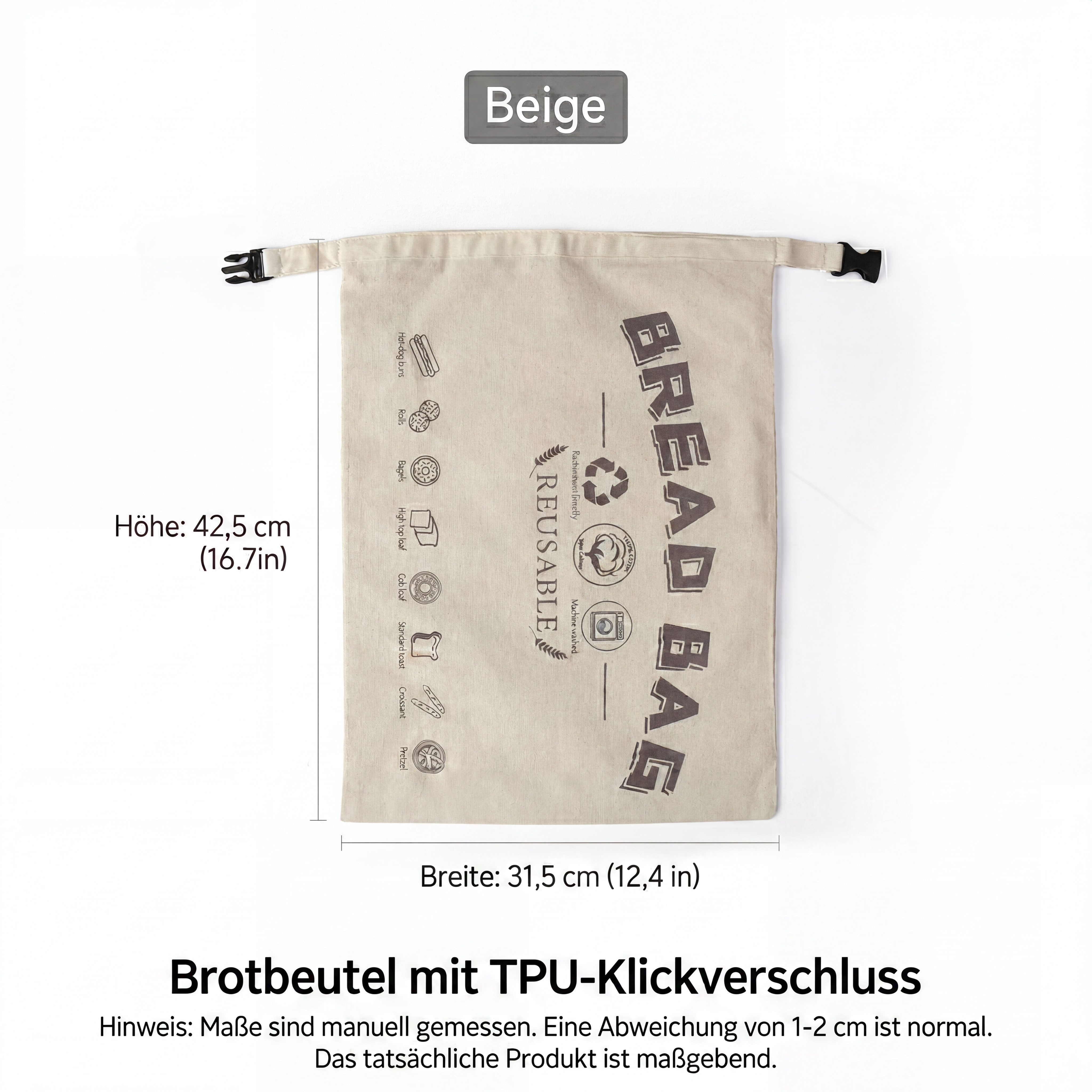 JASLIFE Brottasche Brotbeutel wiederverwendbar mit Clipverschluss, Baumwolle, waschbar, (Einzelstück; 2er Set, 1-tlg., 1-teilig), wiederverwendbar, leicht zu reinigen, praktisch im Alltag