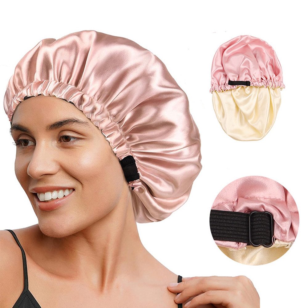 AFKSMILE Duschhaube Verstellbare Duschhauben, Doppelschichtige Satinhaube, Atmungsaktive, Nacht Schlaf Mütze mit Gummiband, Schützt vor Frizz und Haarschäden
