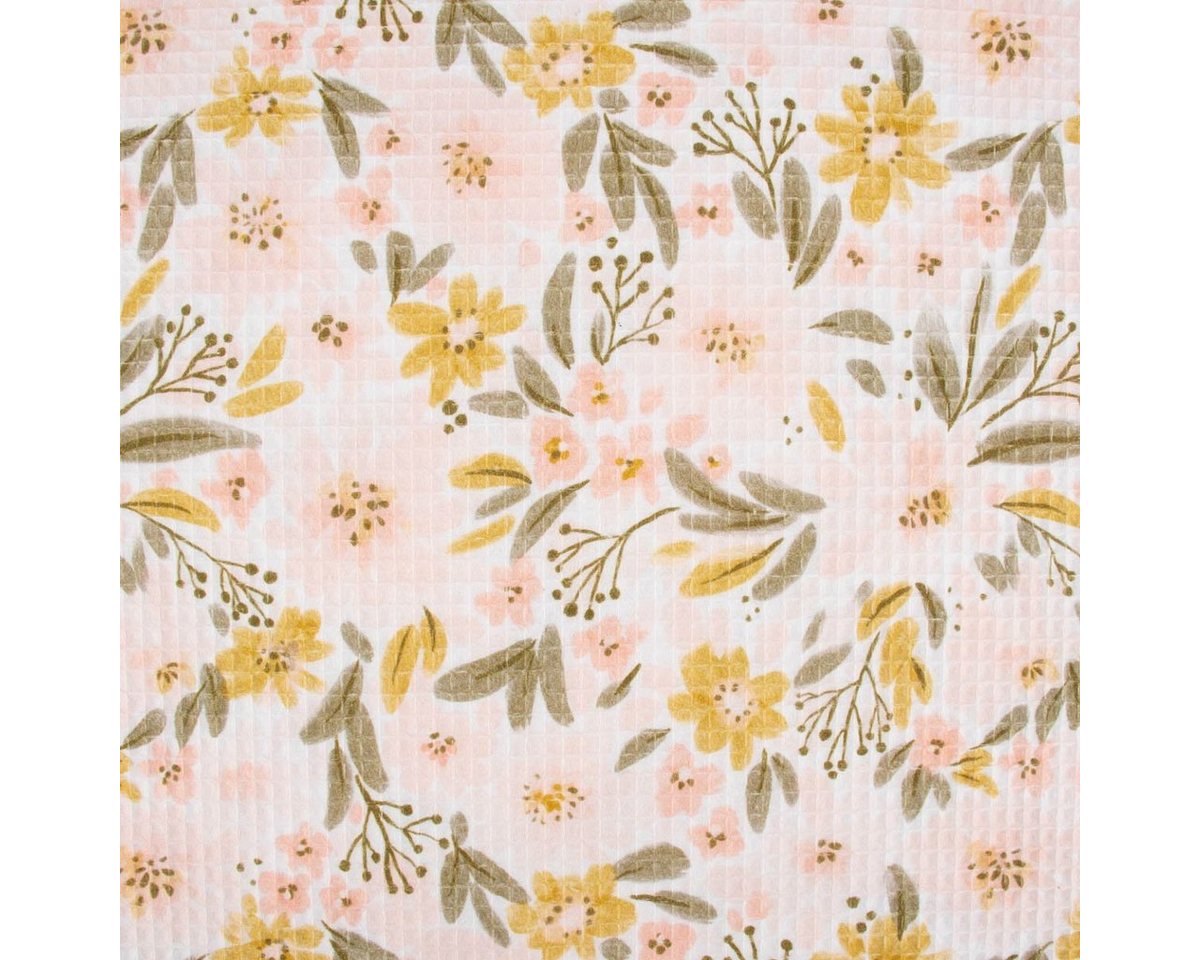 Thumbnail - SCHÖNER LEBEN. Stoff Bekleidungsstoff Waffelpique Digitaldr. Blumen weiß rosa senf grün 1, allergikergeeignet