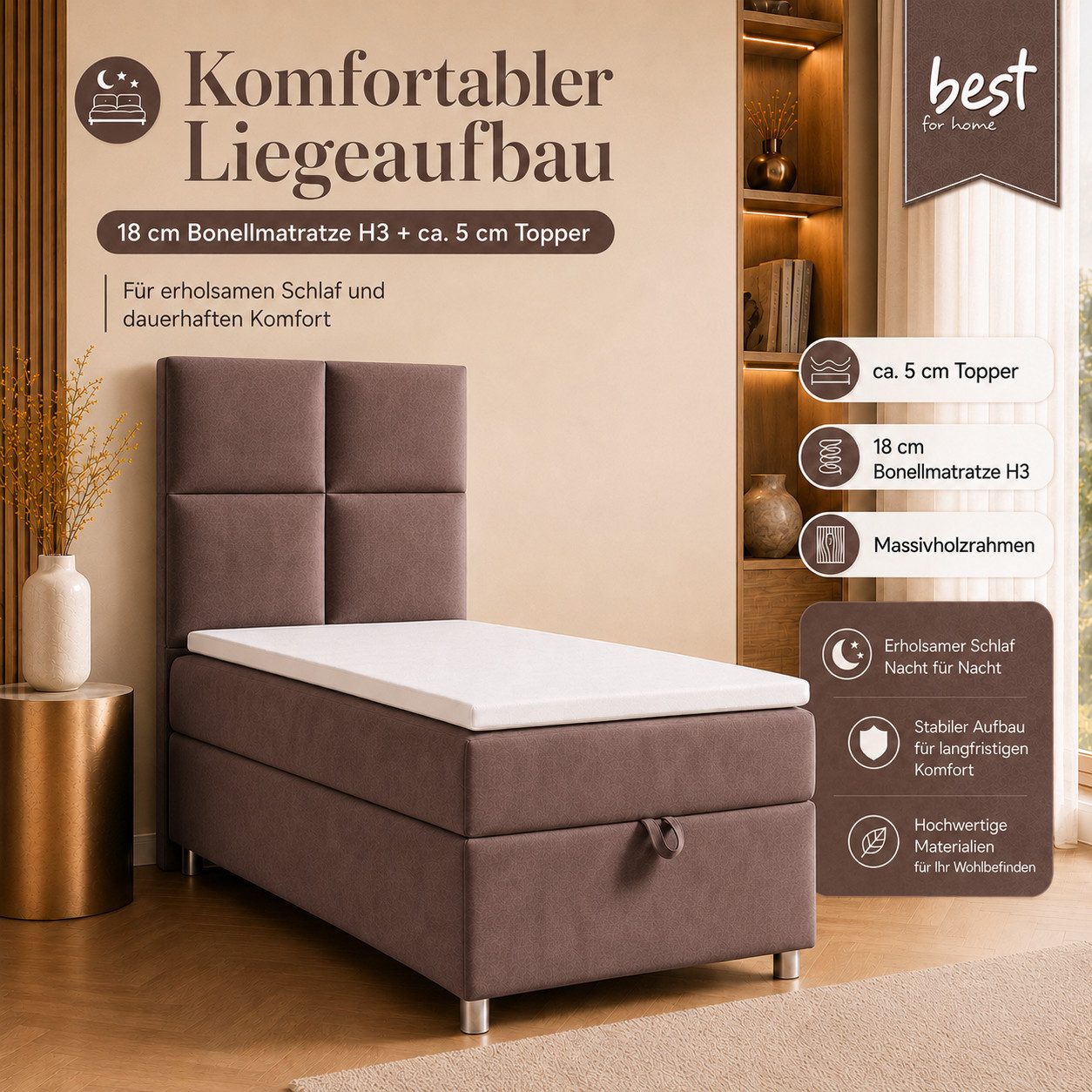 Best for Home Boxspringbett Trinity K-2 mit Bettkasten & Topper – Komfort & Stauraum (Einzelbett, Hotelbett, Polsterbett gepolstertes Kopfteil, Jugendbett, Kinderbett versch. Größen, 1-St., 70x200 80x200 90x200 100x200 cm), Einzel-Boxspringbett mit integriertem Stauraum, gepolstertem Kopfteil