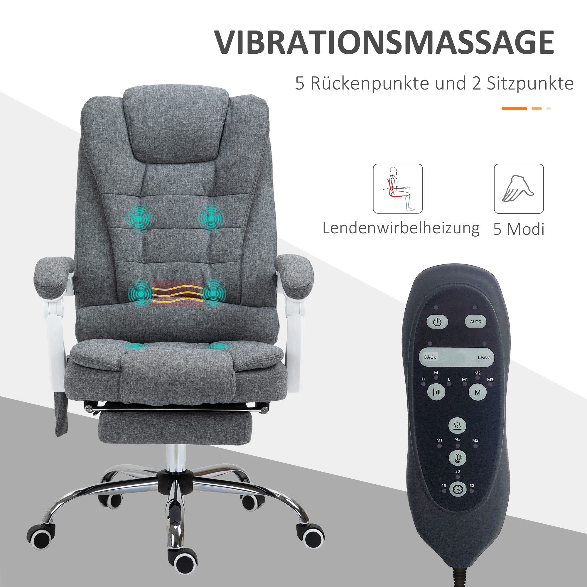 Vinsetto Schreibtischstuhl Bürostuhl mit Massagefunktion, Liege- & Wärmefunktion, Fußstütze (Computerstuhl, 1 St), höhenverstellbar, Grau – Bild 4 von 5