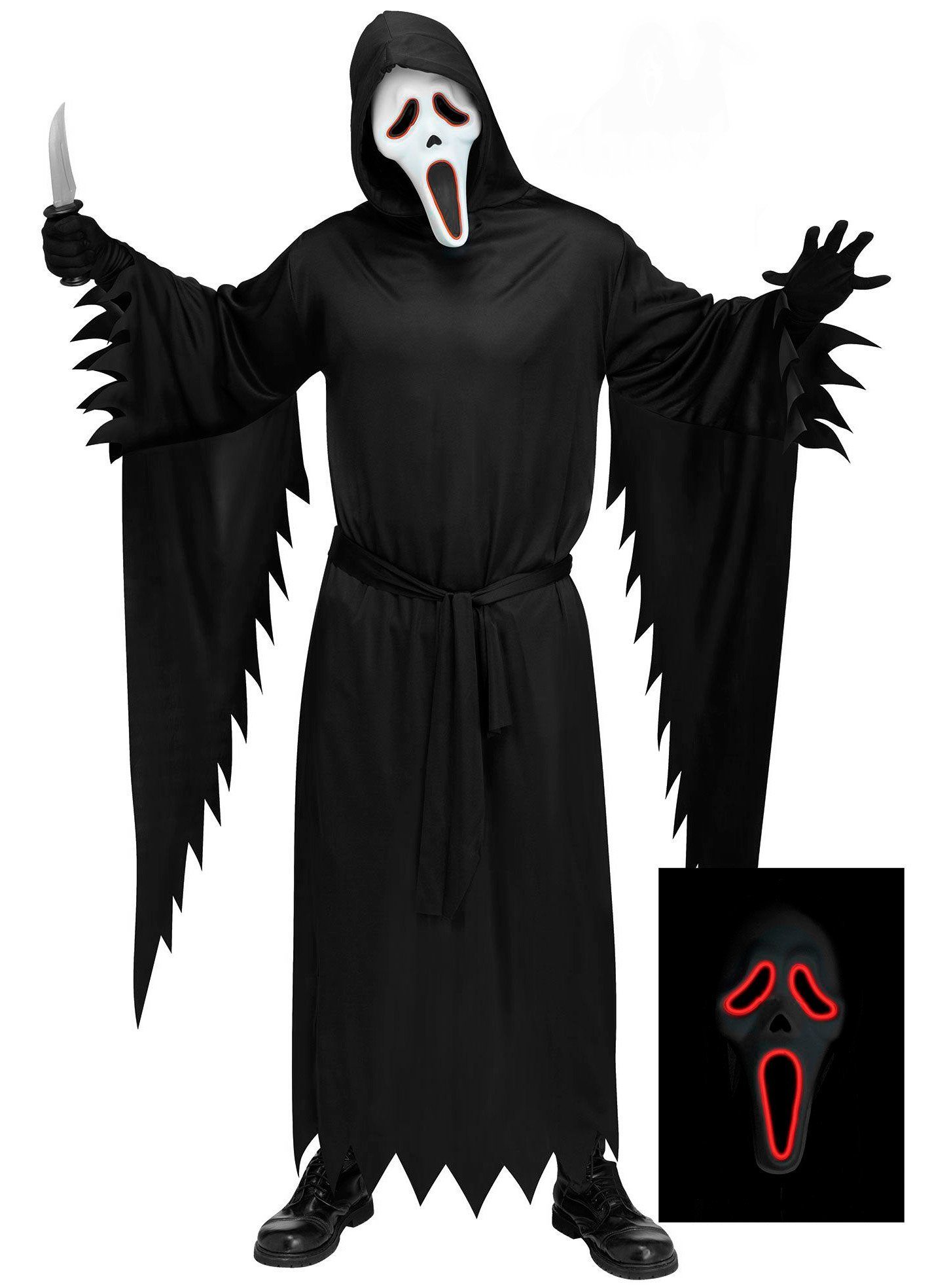 Fun World Kostüm Scream Ghostface Halloween Kostüm LED Maske M-L, Der Geisterkiller hackt nicht nur mit dem Messer durch die Gegend, er