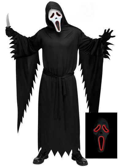 Fun World Kostüm Scream Ghostface Kostüm mit Leuchtmaske Größe M-L, Der Geisterkiller hackt nicht nur mit dem Messer durch die Gegend, er