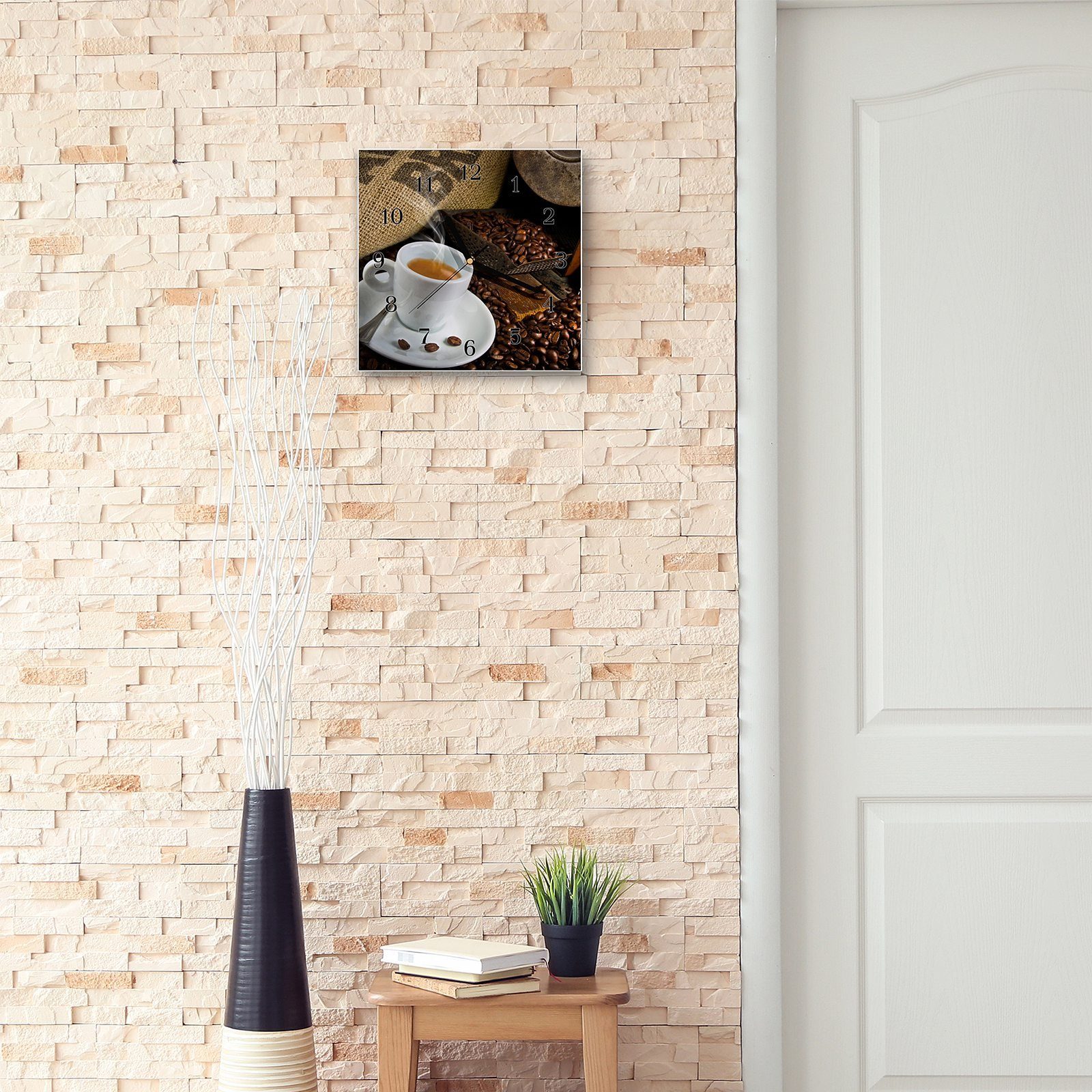 30 mit Wanduhr 30 Größe Wandkunst Primedeco Wanduhr und Glasuhr Kaffeetasse Kaffeebohnen cm x Motiv