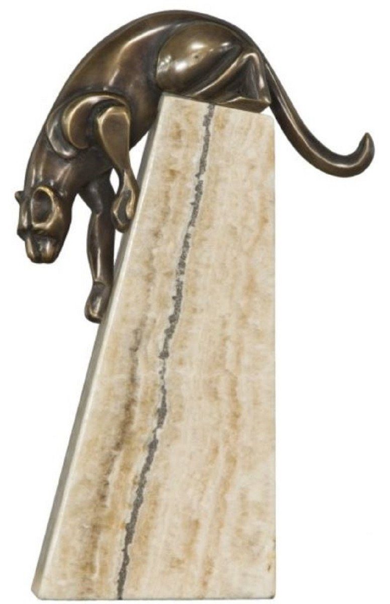 Casa Padrino Dekofigur Luxus Bronzefigur Panther Bronze / Beige 17 x 6 x H. 28 cm - Elegante Dekofigur auf Natursteinsockel