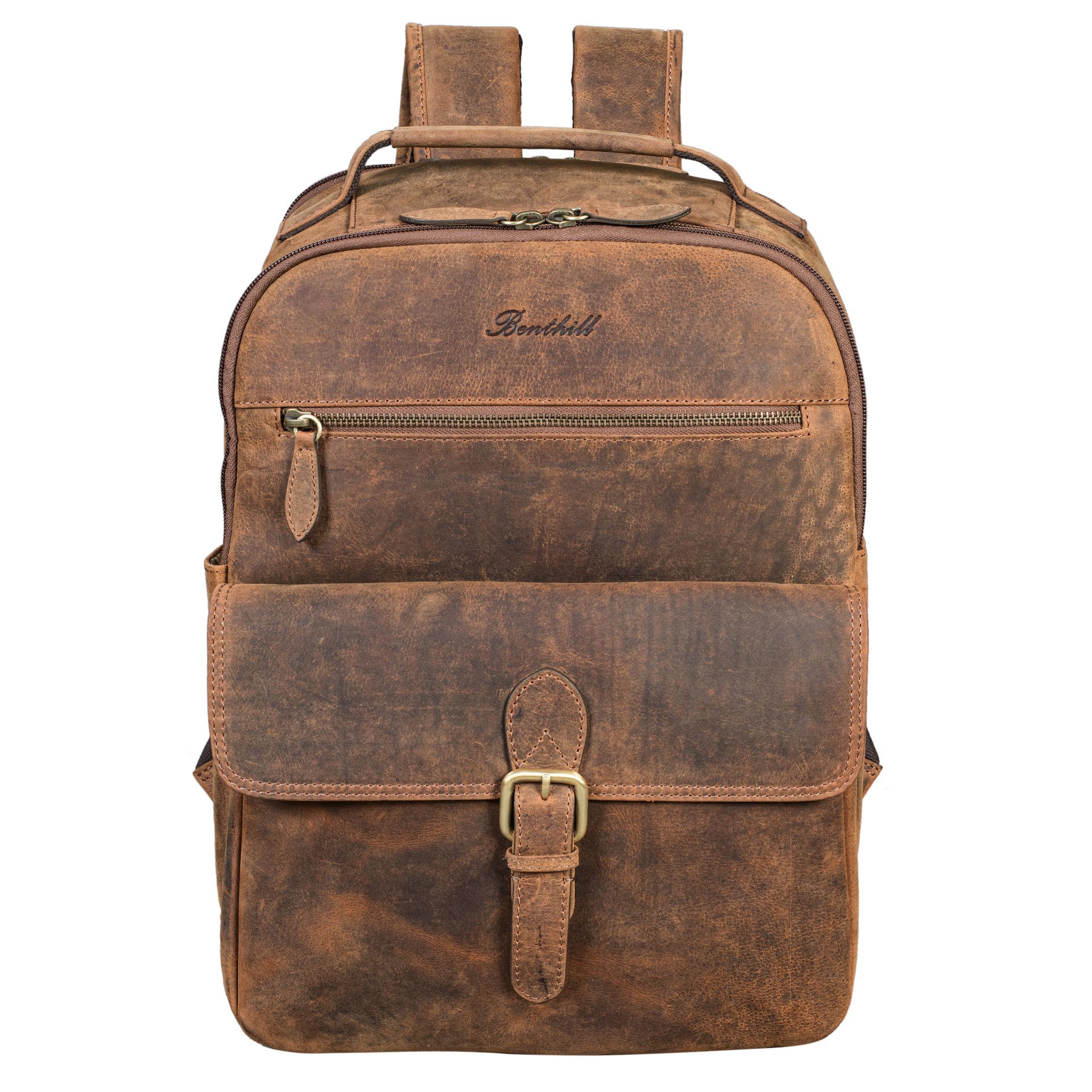 Benthill Rucksack Echt Leder Rucksack Damen Herren Backpack Lederrucksack Reise Bag, Reißverschlussfach