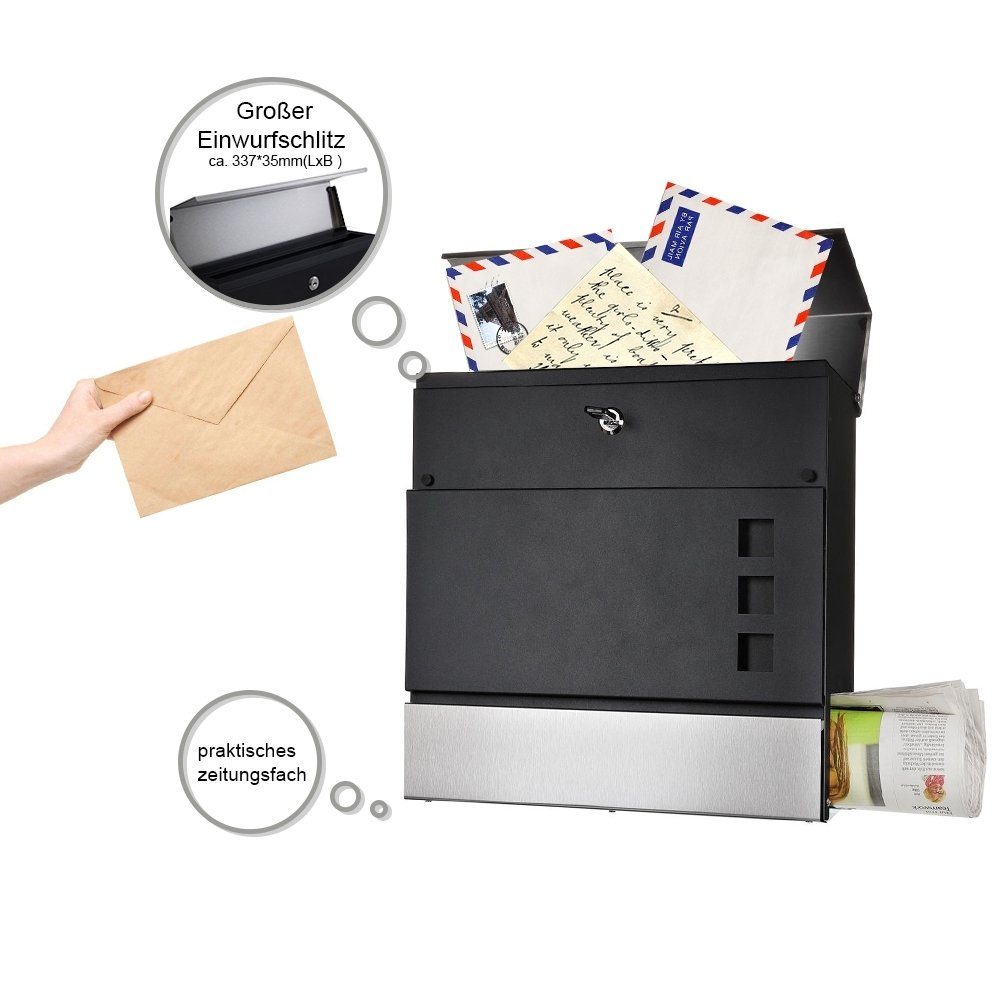 Feel2Home Briefkasten Briefkasten Postkasten Wandbriefkasten Zeitungsfach Edelstahl/schwarz (Stück, 1-St., 1 x Designer Briefkasten mit 2 Schlüsseln + Befestigungsmaterial), Verschließbar, Wetterfest, Zeitungsfach, Zeitungsrollen
