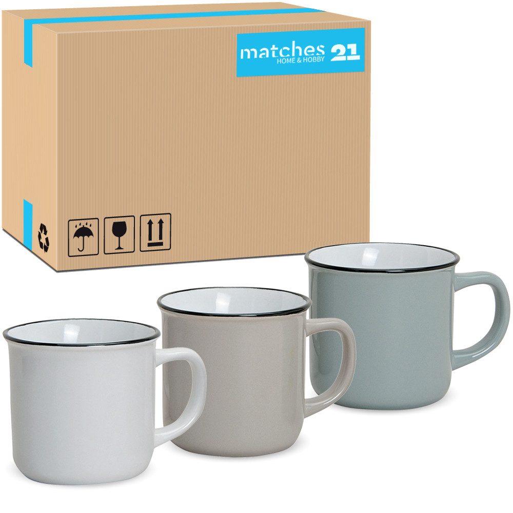 matches21 HOME & HOBBY Tasse Kaffeebecher 36er Set Emaille-Optik einfarbig Vintage, 36-tlg., Keramik, Tee Kaffee-Becher modern beige braun weiss grau 240 ml
