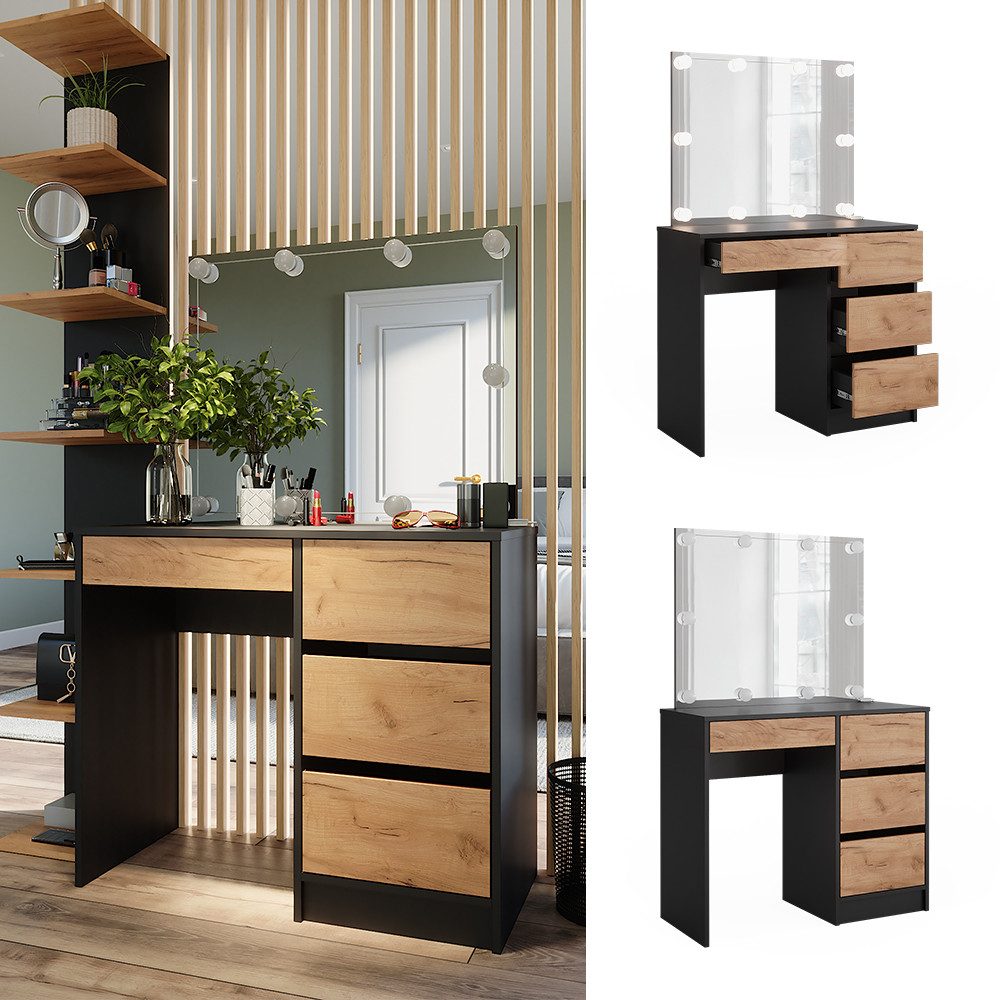 Vicco Schminktisch Sherry, Anthrazit/Goldkraft Eiche, 90 x 75 cm mit Spiegel & LED-Bel... (2-St)
