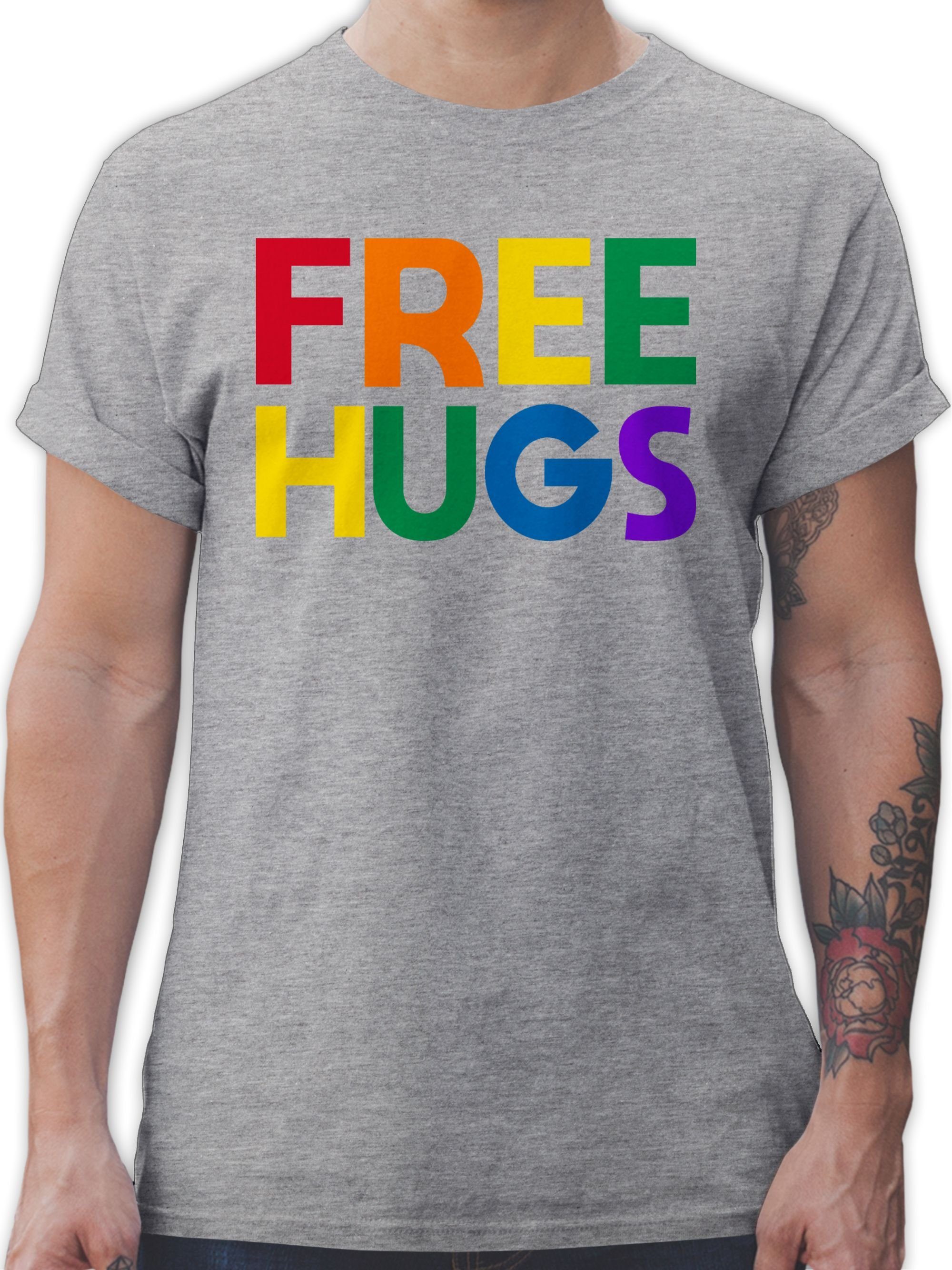 Shirtracer T-Shirt Free Hugs - Lettering Schriftzug LGBT Kleidung 3 Grau meliert