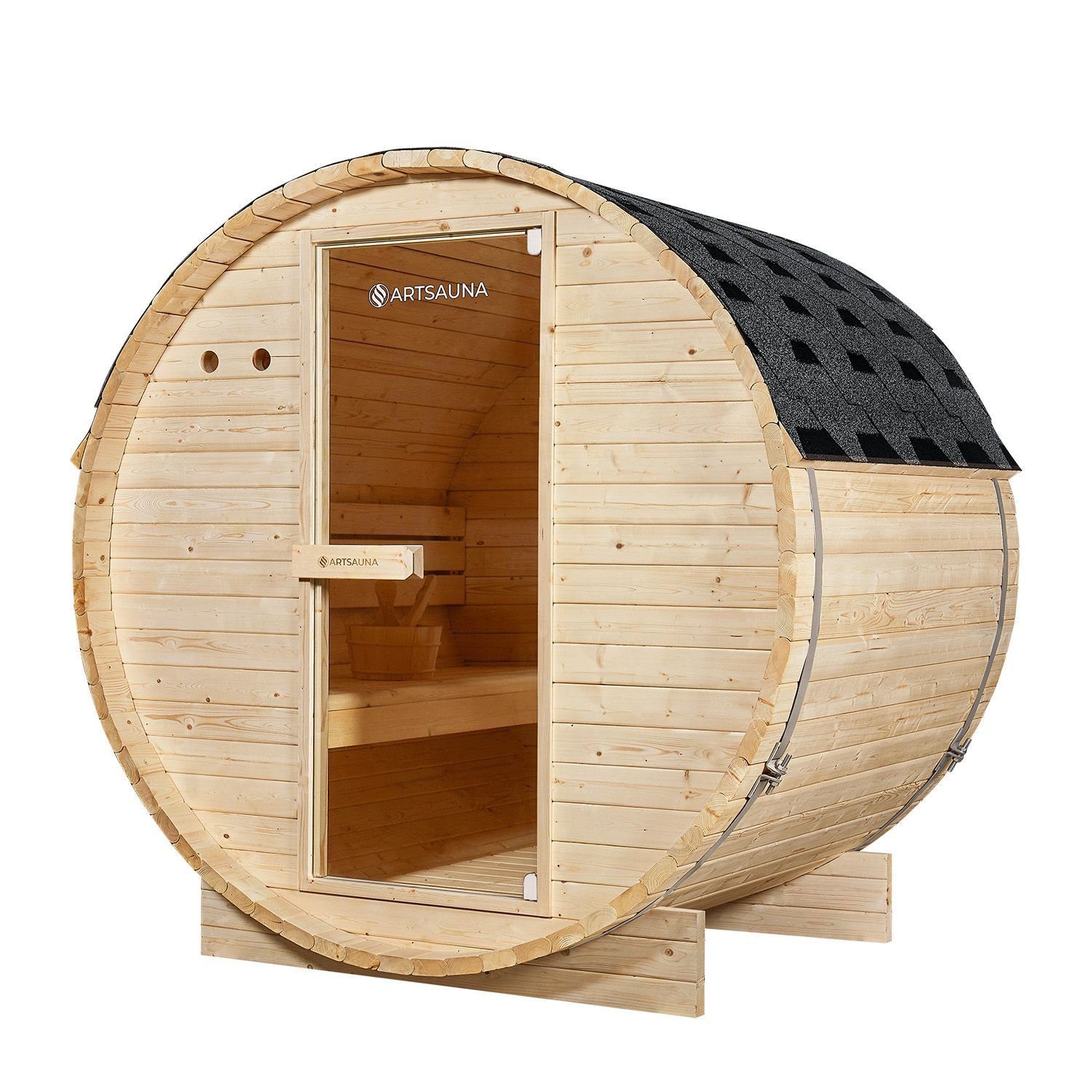 Artsauna Fasssauna Spitzbergen 120, BxTxH: 191 x 120 x 193 cm, für 2 Personen, Fichtenholz, 3,6 kW Elektro-Ofen, Komplett-Set