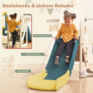 Merax Rutsche für Kinder mit Basketballkorb und rutschfeste Leiter, Busform, 5-in-1 Kinderrutsche mit Schaukeln, aus HDPE, belastbar bis 55kg