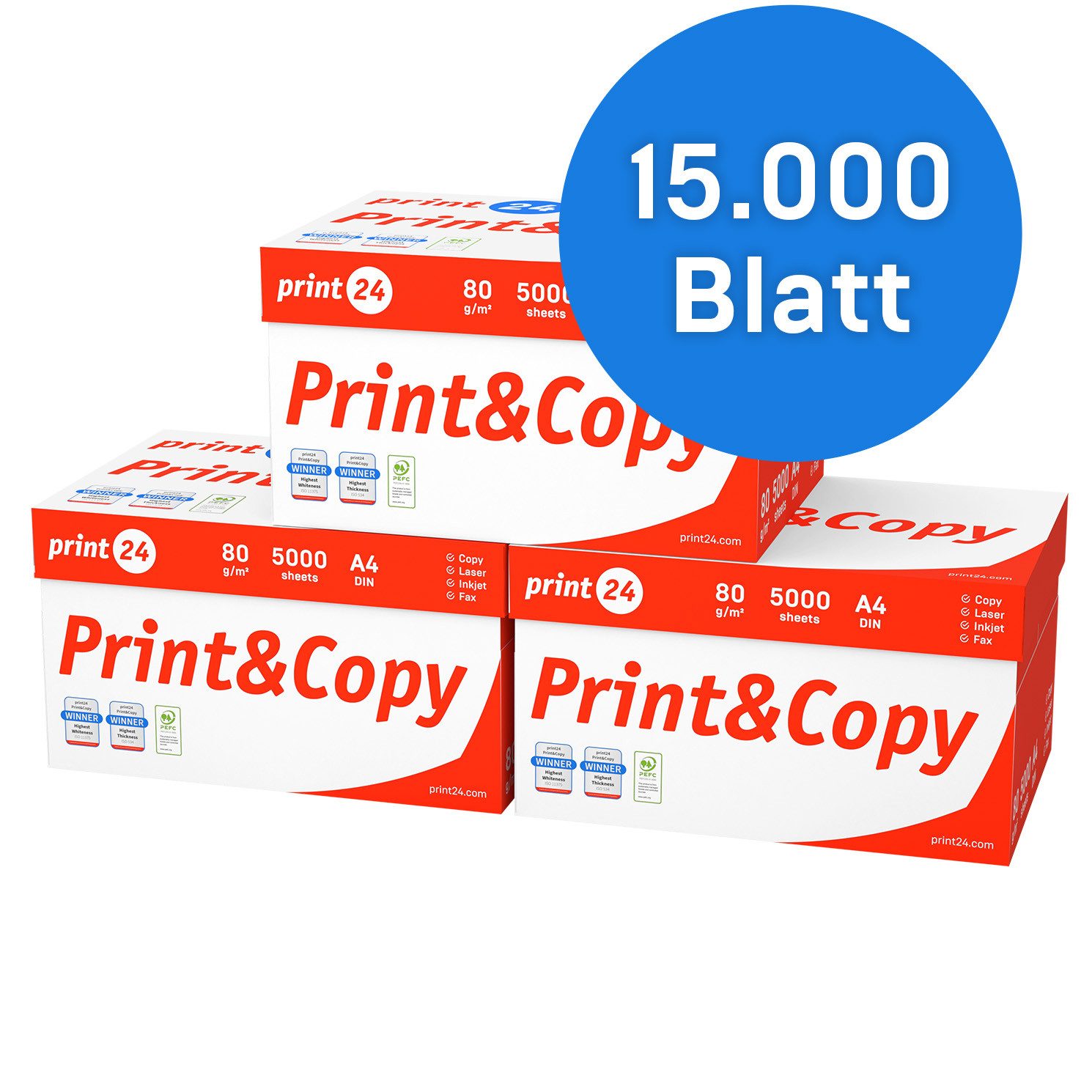 print24 Druckerpapier Kopierpapier 15000 Blatt A4 80g Premium Weiß PEFC zertifiziert