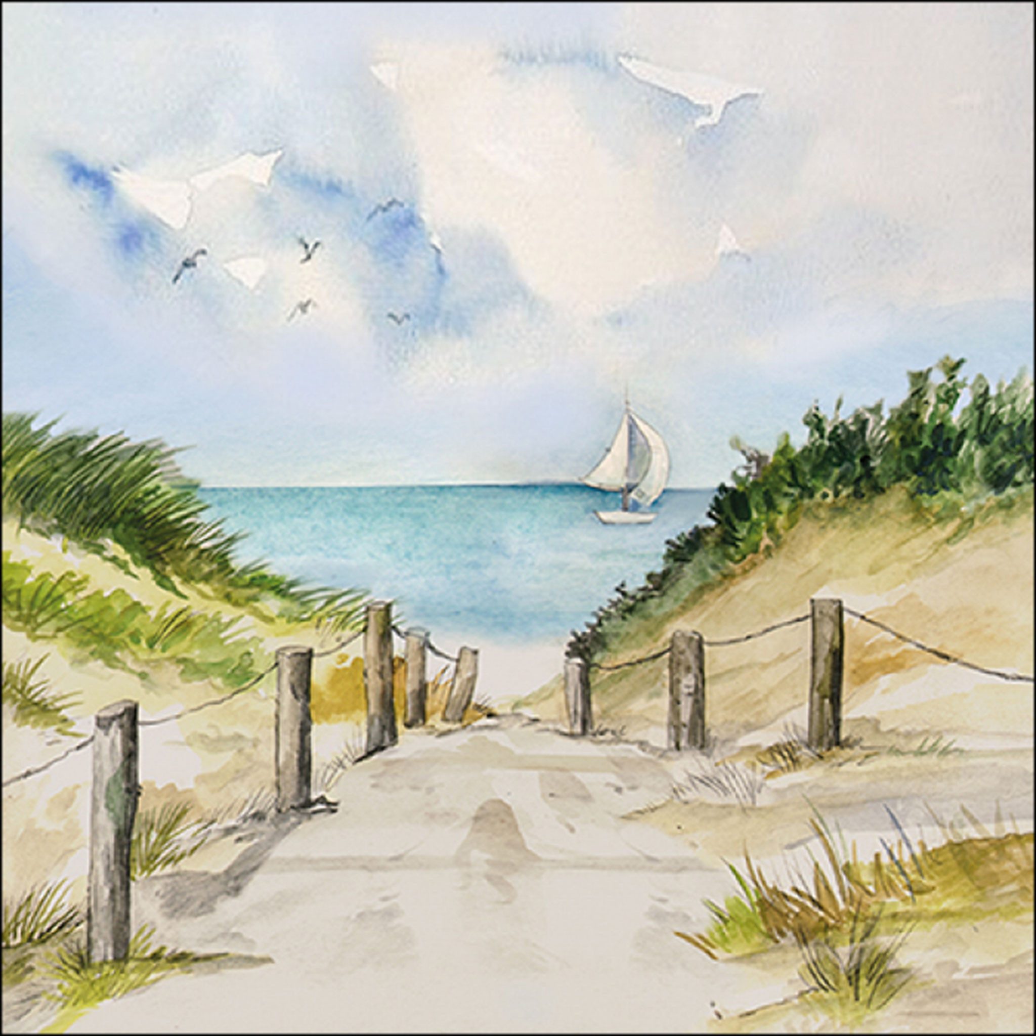 Ambiente Luxury Paper Products Papierserviette, Servietten 33x33cm 3-lag. mit Dünenweg & Meer Aquarell Motiv 20 Stück
