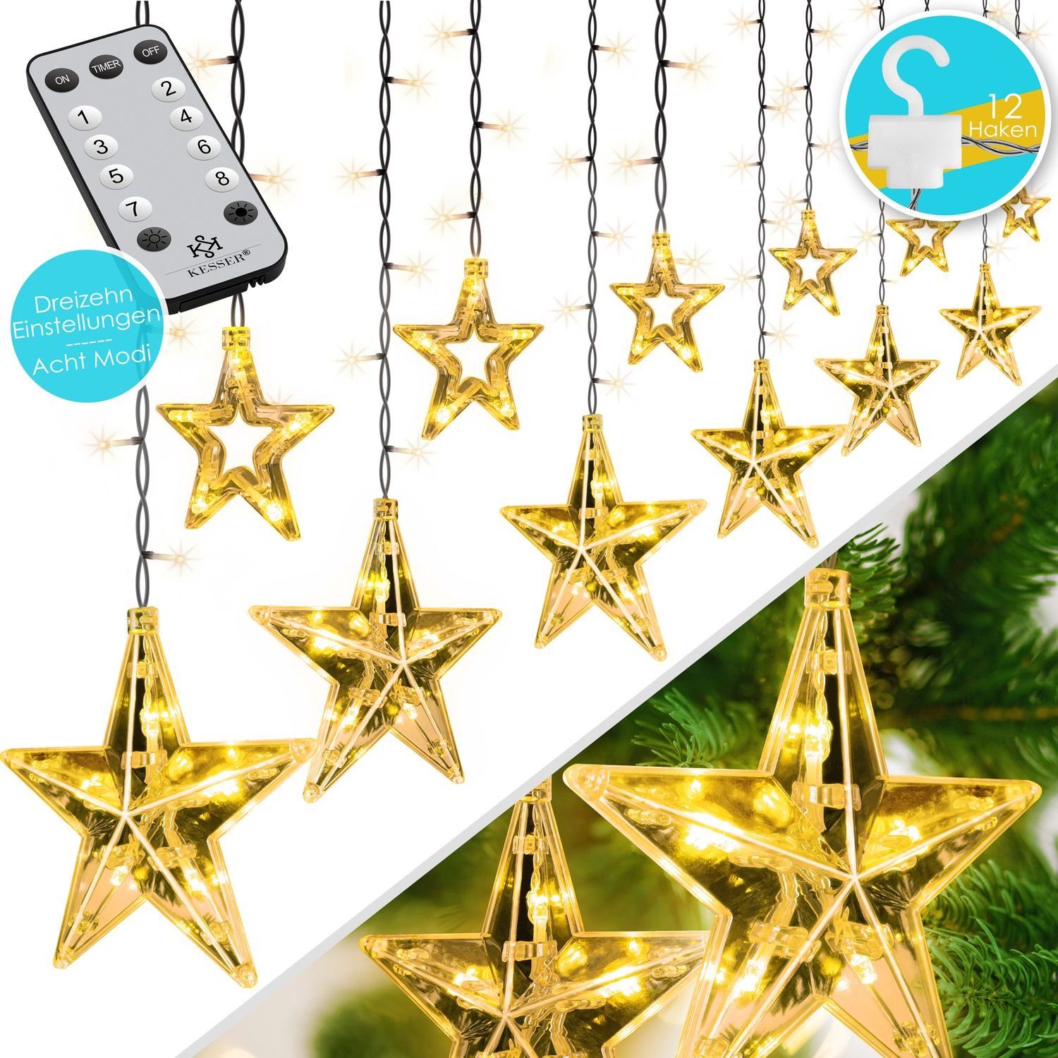 KESSER Lichterkette, Lichterkette 12 Sterne LED mit Fernbedienung 8