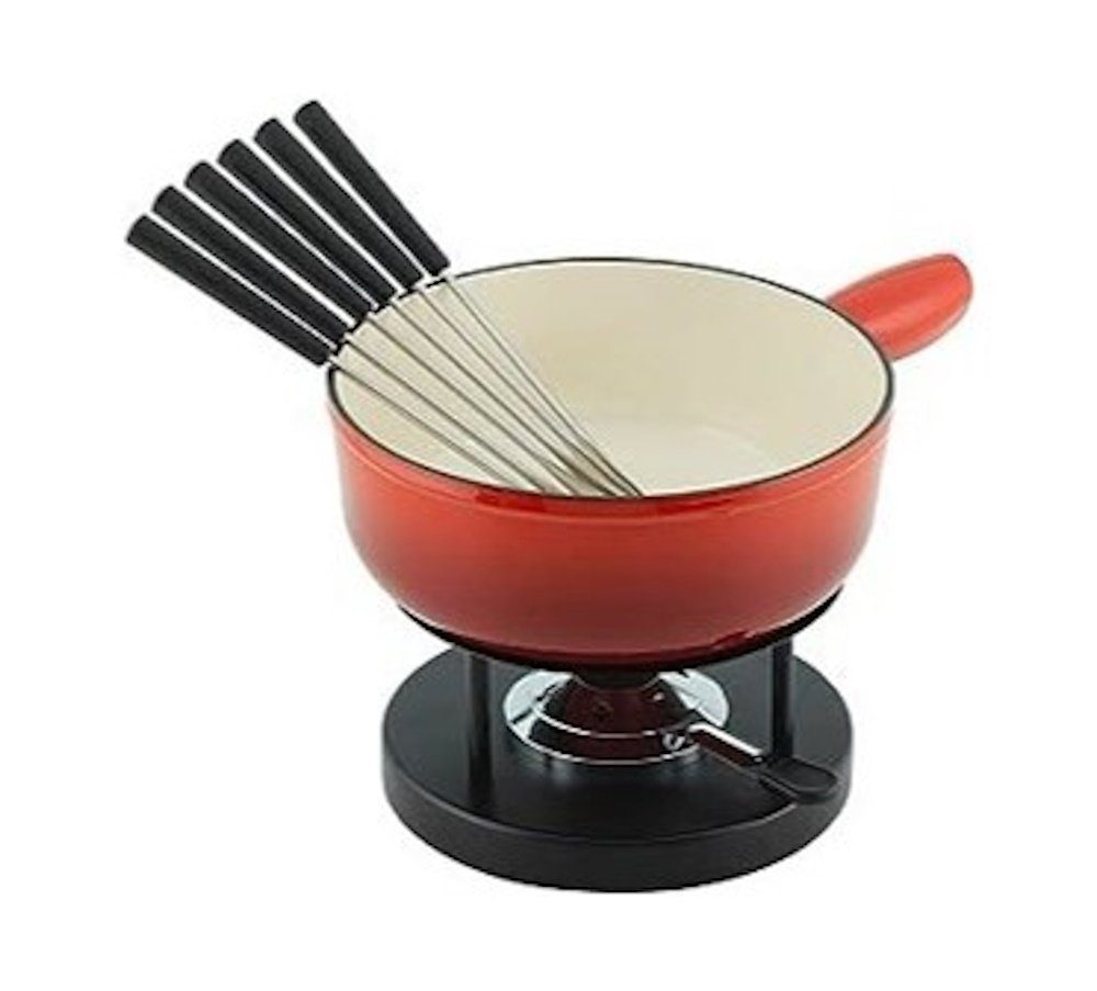 KUHN RIKON Fonduetopf KUHN RIKON Caquelon Fondue Set 8-tlg. Induktion Eisenguss Ø 24 cm rot