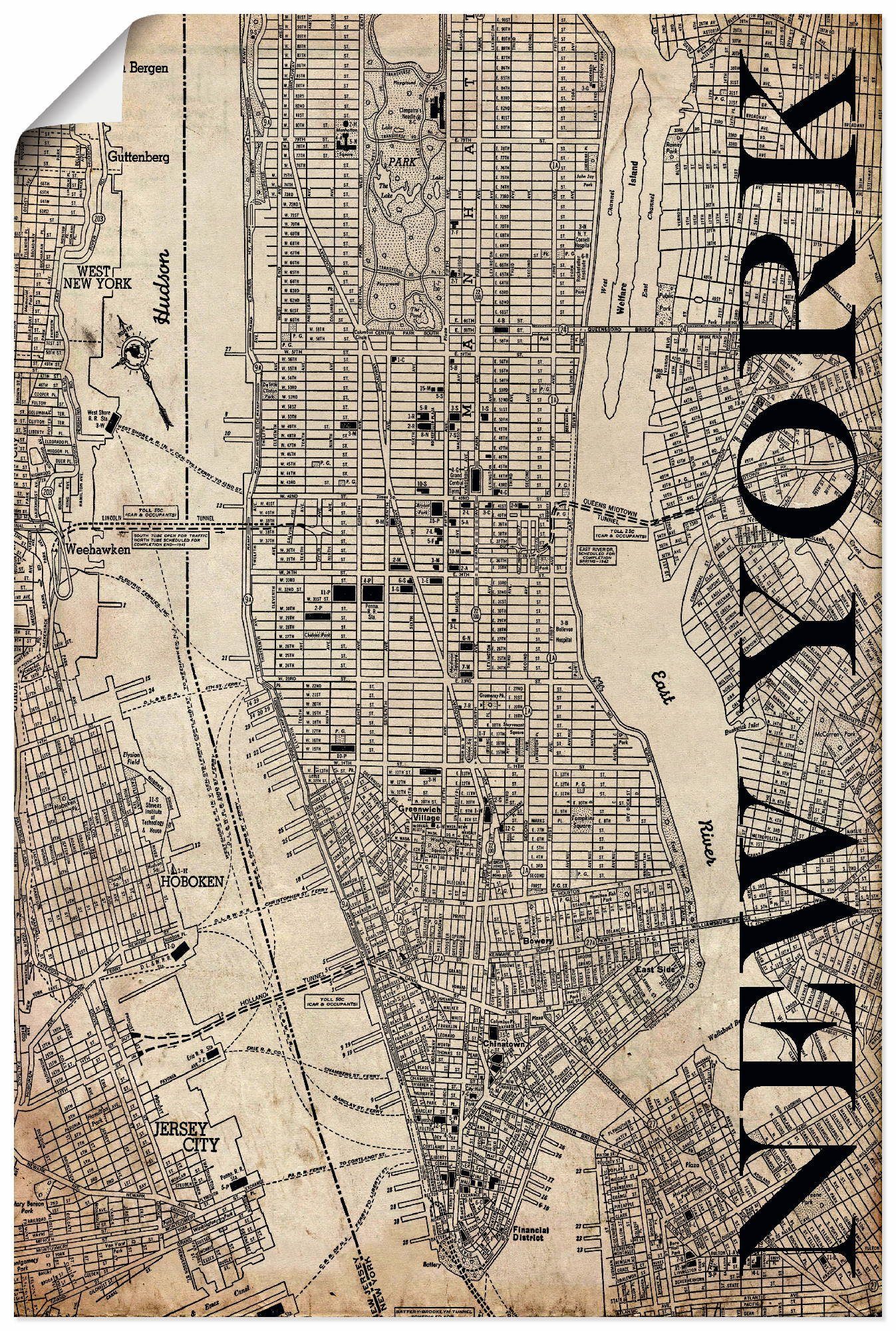 Artland Wandbild New York Grunge, Amerika Größen Karte Alubild, oder als in Straßen versch. Wandaufkleber (1 Karte Leinwandbild, Poster St)