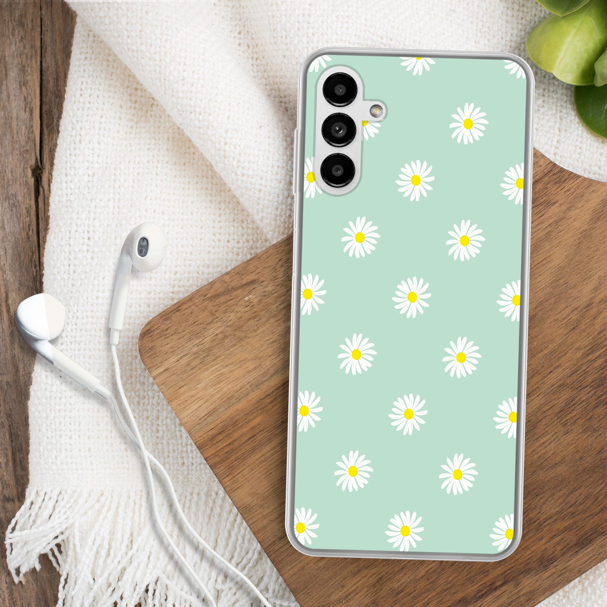 MuchoWow Handyhülle für Samsung Galaxy A04s Gänseblümchen - Pastell - Weiß - Grün - Floral, Handy Case, Silikon, Bumper Case Dünn