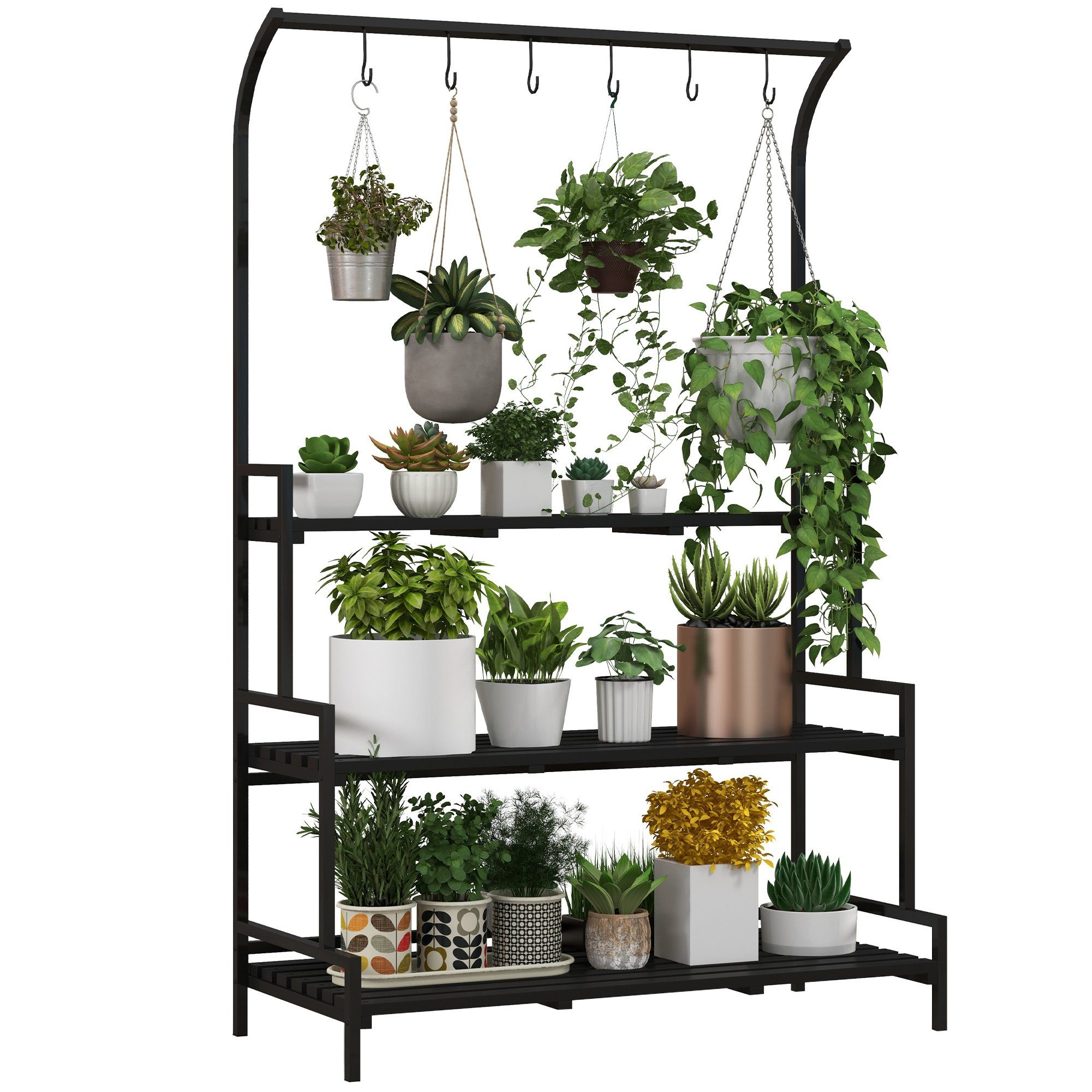 Outsunny Pflanzentreppe Pflanzenständer Blumenständer mit 3 Ebenen, 6 Haken günstig online kaufen