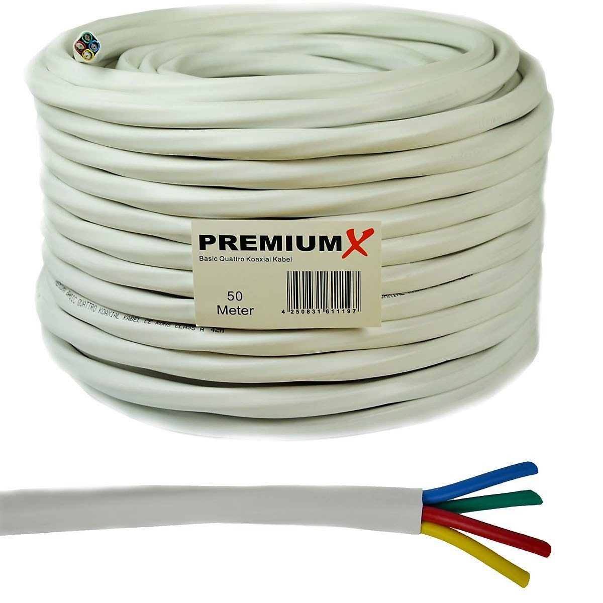 PremiumX 50m Basic Quattro Quad Kabel SAT Koaxial 24x F-Stecker Weiß SAT-Kabel 90dB