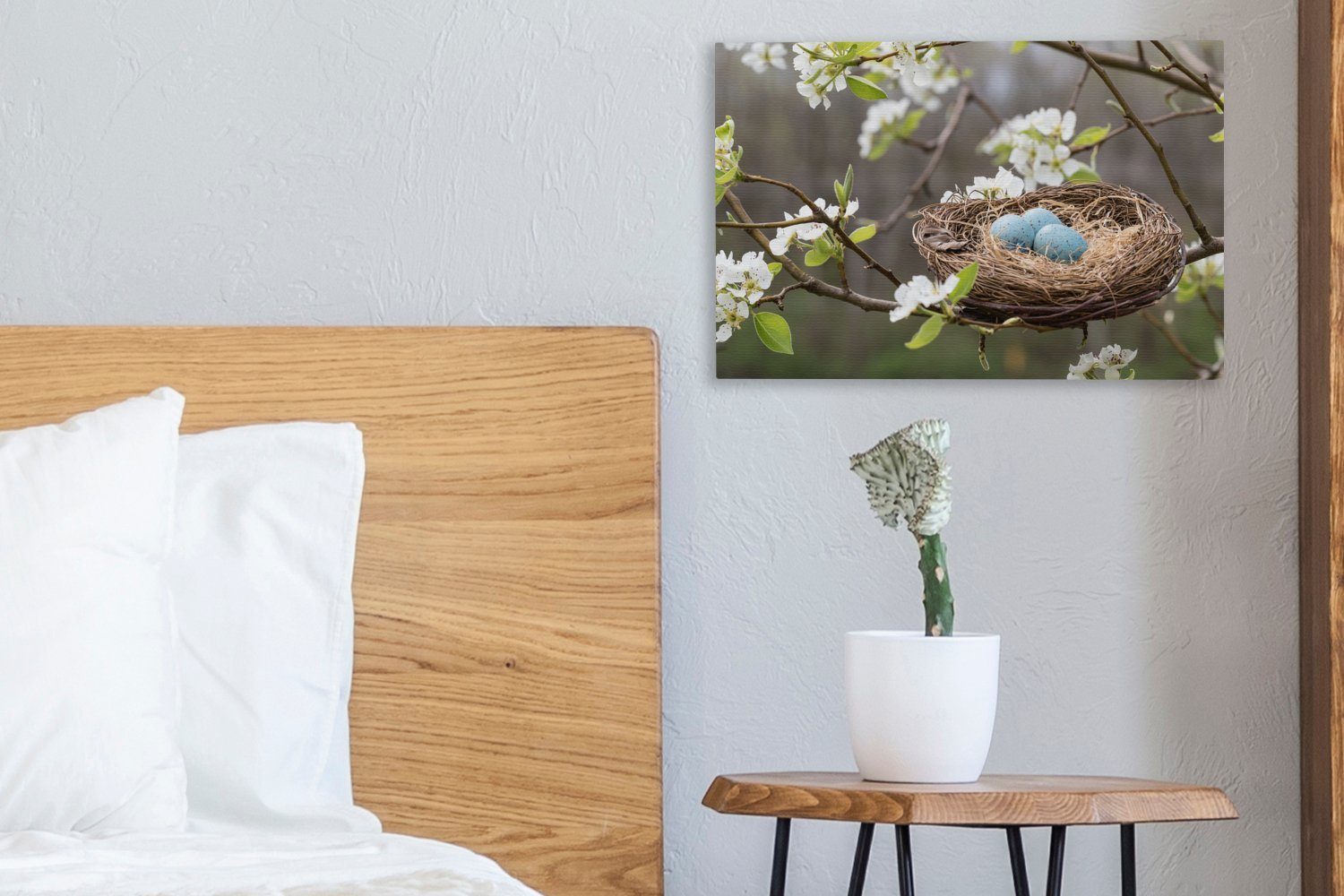 Wandbild 30x20 Frühlingsblüten, Rotkehlchennest (1 St), cm Leinwandbild OneMillionCanvasses® Aufhängefertig, inmitten der Leinwandbilder, Wanddeko,