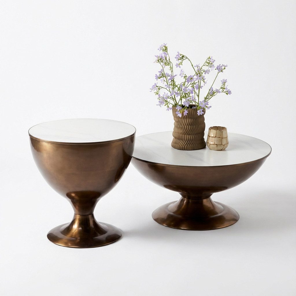 Villa Möbel Couchtisch Ava (Set, 2-St., 2er Set), Echtes Marmor-2er-Set mit elegantem Metallkorpus in Goldfarbe