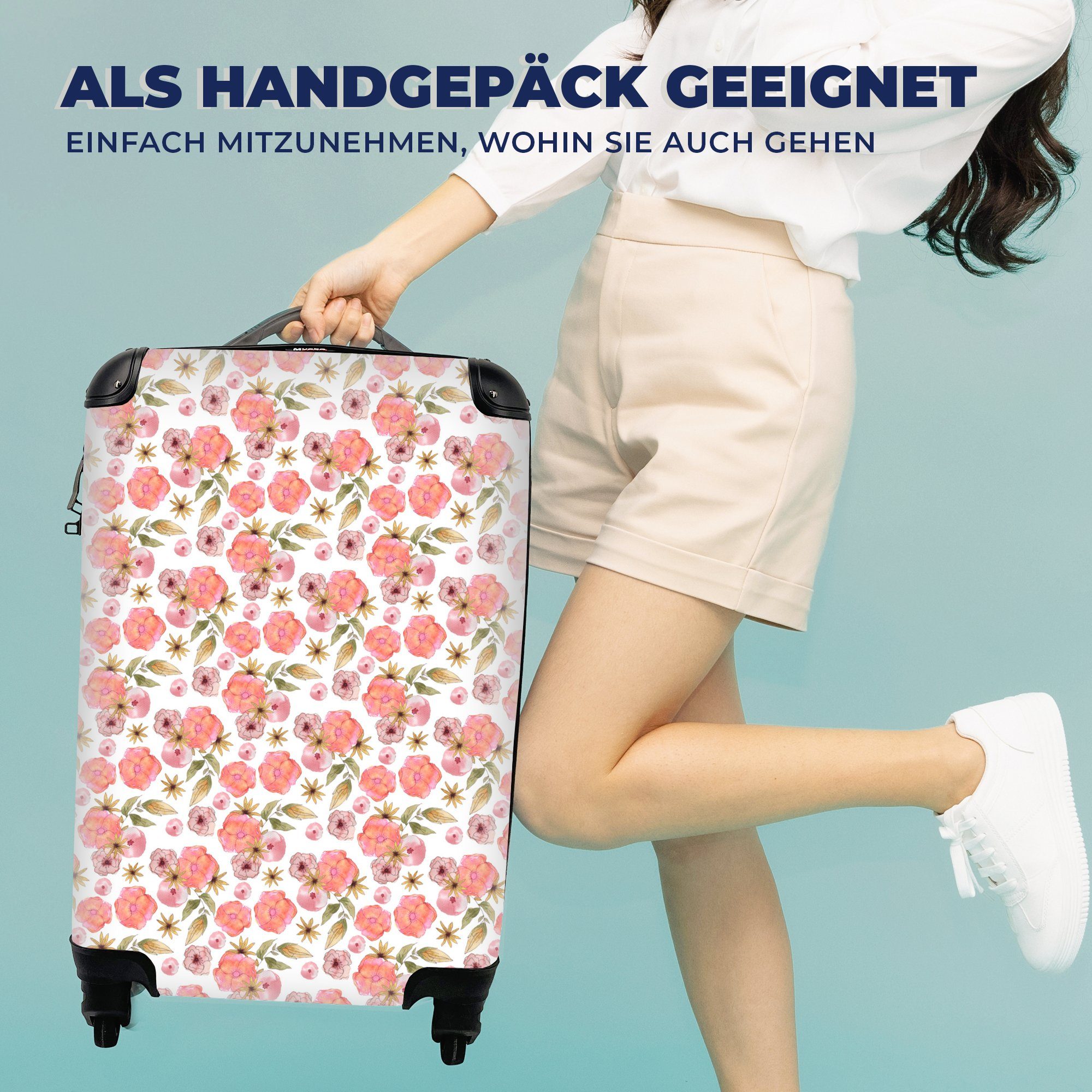 4 Trolley, - - Rosa Blumen Handgepäck MuchoWow Ferien, Rollen, rollen, Reisekoffer Collage, mit Reisetasche für Handgepäckkoffer