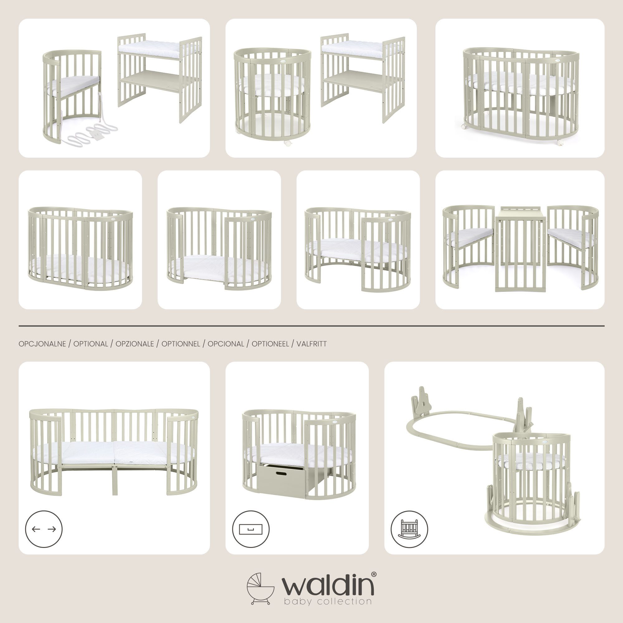 Waldin Babybett Mobiles Babybett OWAL aus Holz 7in1 mit Matratze, mitwachsend