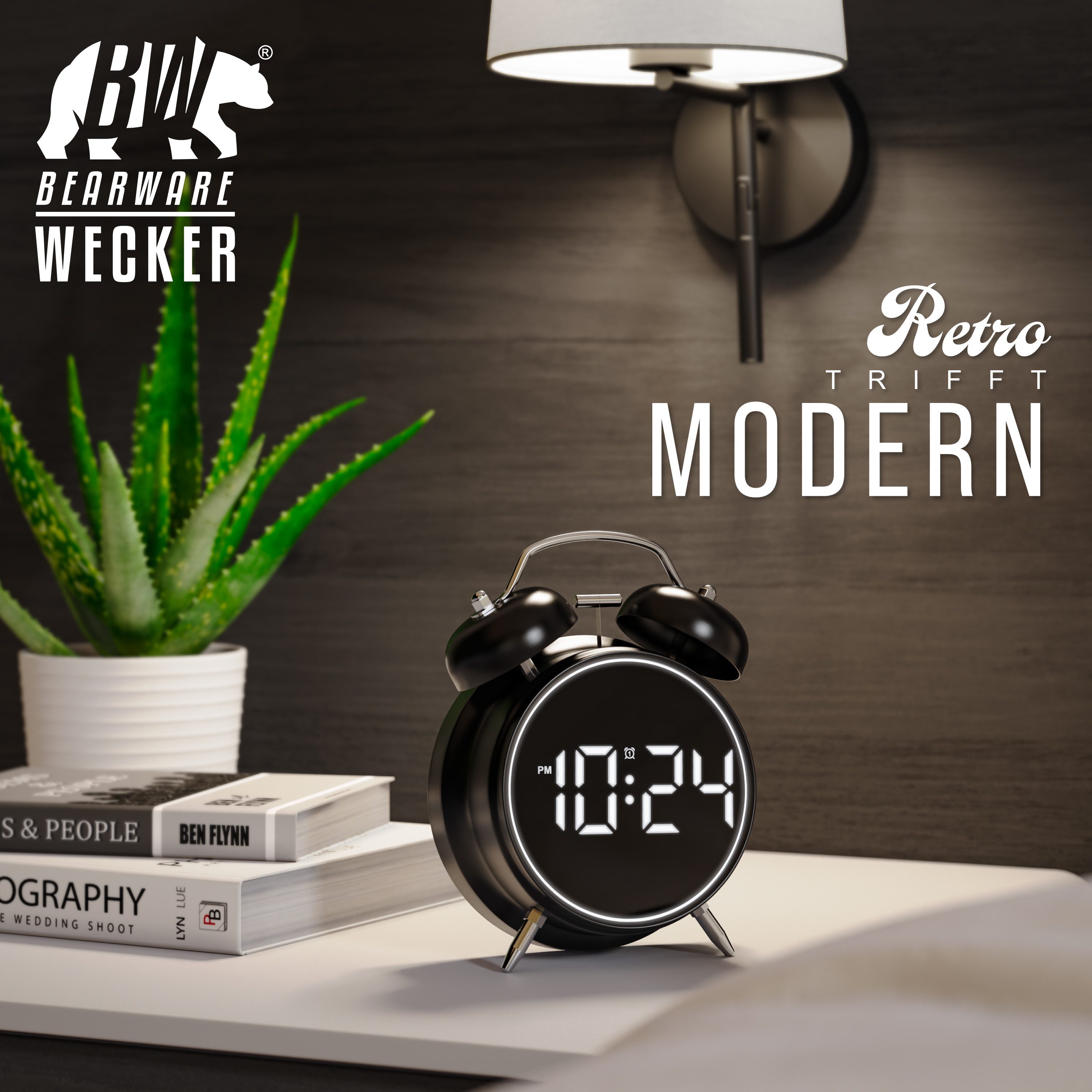 BEARWARE Wecker Digital, rund, Lichtring, Retro, lauter Glockenalarm für Tiefschläfer Einfache Bedienung, Zeit und Datum, Beleuchtet, ohne Ticken, Vintage