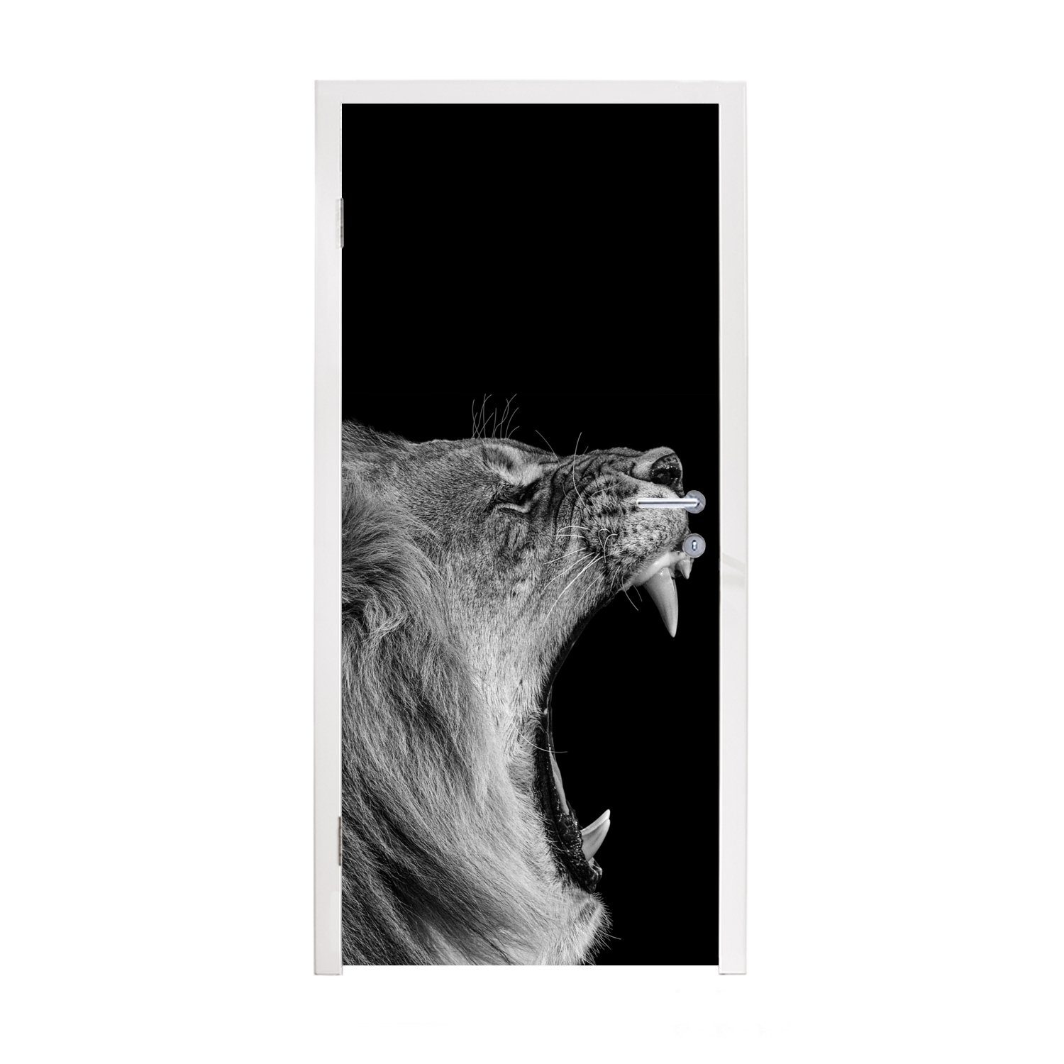 MuchoWow Türtapete Fototapete Matt, St), für Weiß - bedruckt, - Löwe Schwarz cm Porträt, 75x205 - - Tür, (1 Türaufkleber, Tiere