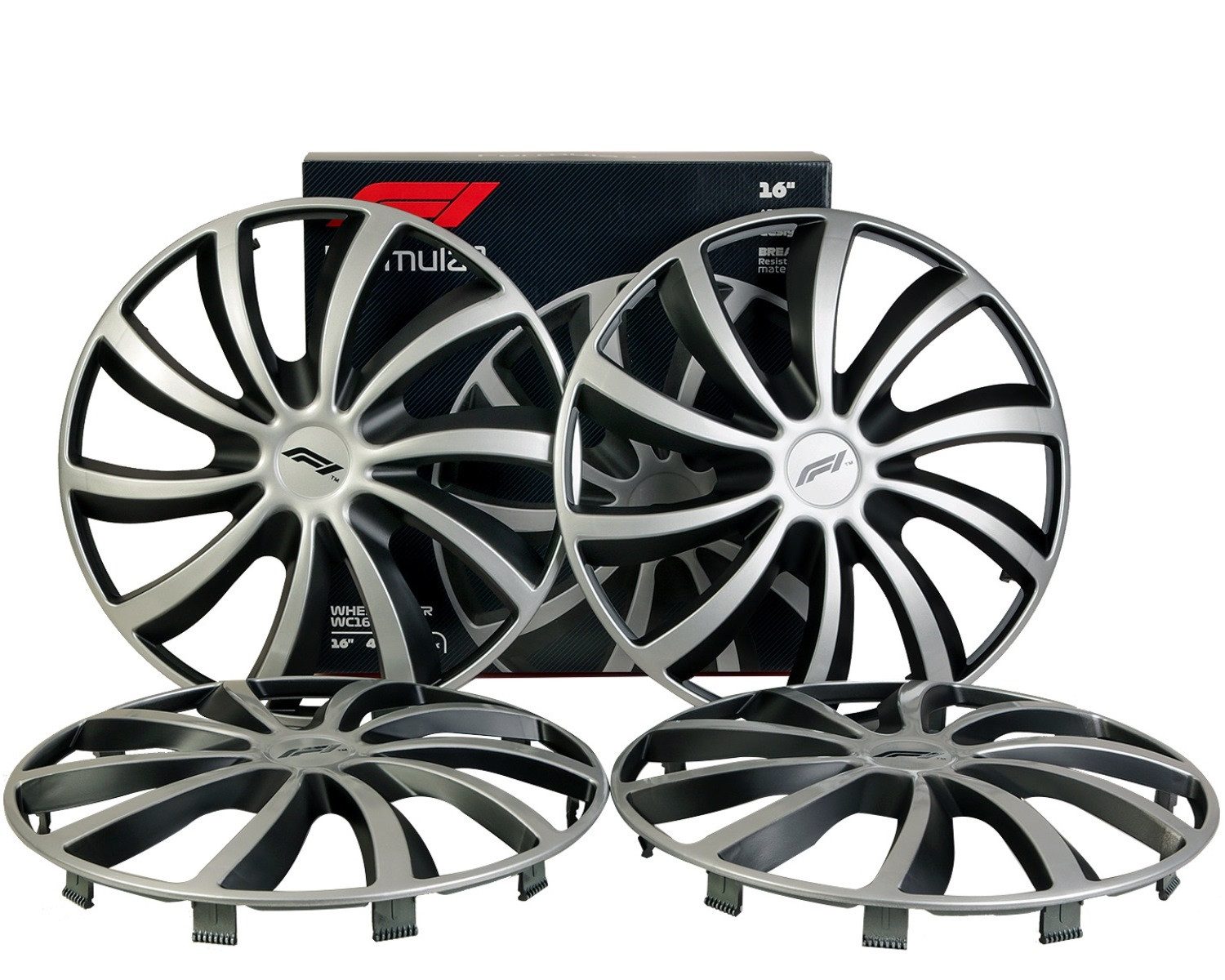 Formula 1 Wheel Trim Set 16 inch WC161 Silver/Black, 16 in inch, (Set, 4-pcs) Design 4x Wheel Trim Covers Two-tone Universal R16 16"