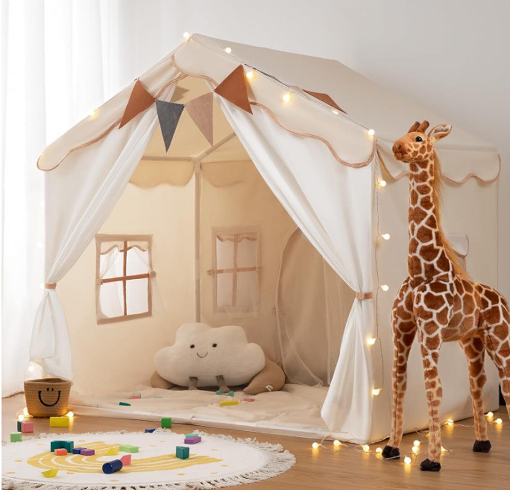 TSE Spielzelt besrey 2in1 Kinderzelt mit Matte Lichtern Spielhaus Indoor ab 3 Jahren (Kinderzelt-Set mit Bodenmatte, Lichtern und Wimpeln) 2-in-1 als Spielhaus Bettzelt, Bodenmatte, Lichter, 4 Fenster