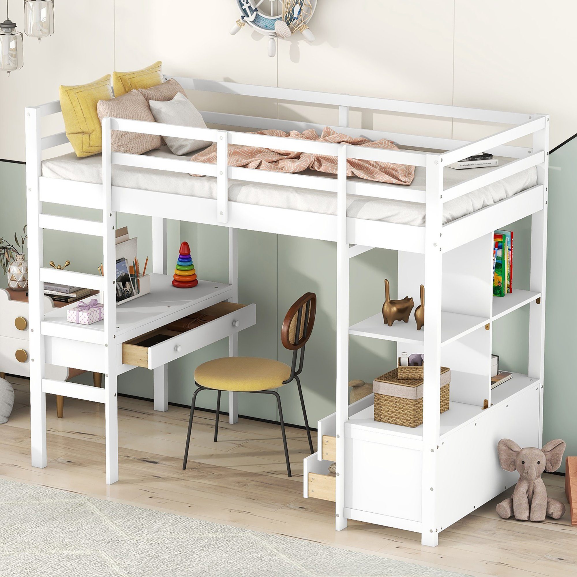 Flieks Hochbett & Schreibtisch weiß 90x200cm Kinderbett Kiefer mit Stauraumregal