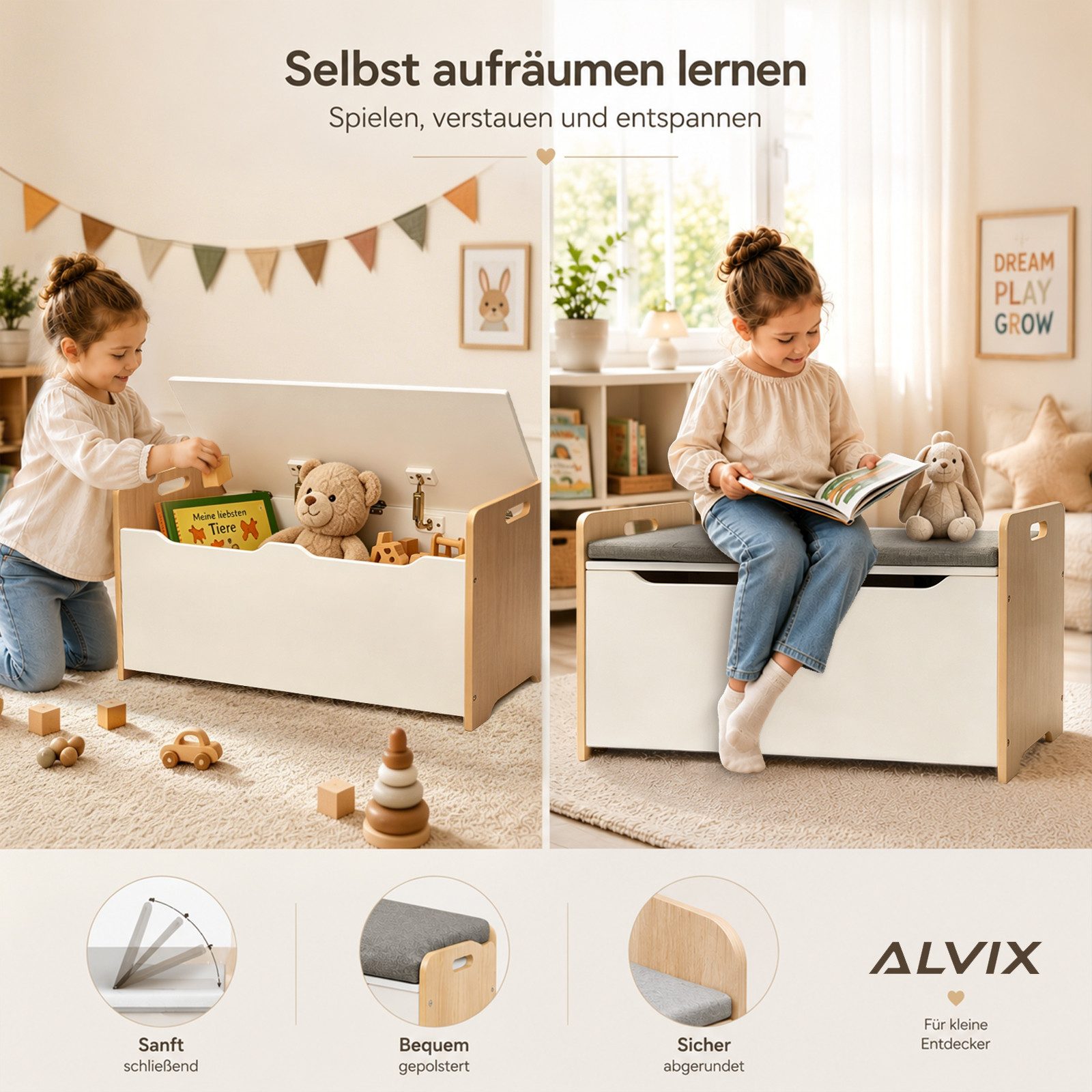 ALVIX Spielzeugtruhe NESTA 1, 3 cm Sitzkissen, Soft-Close-Deckel, abgerundete Seiten, 15 mm MDF