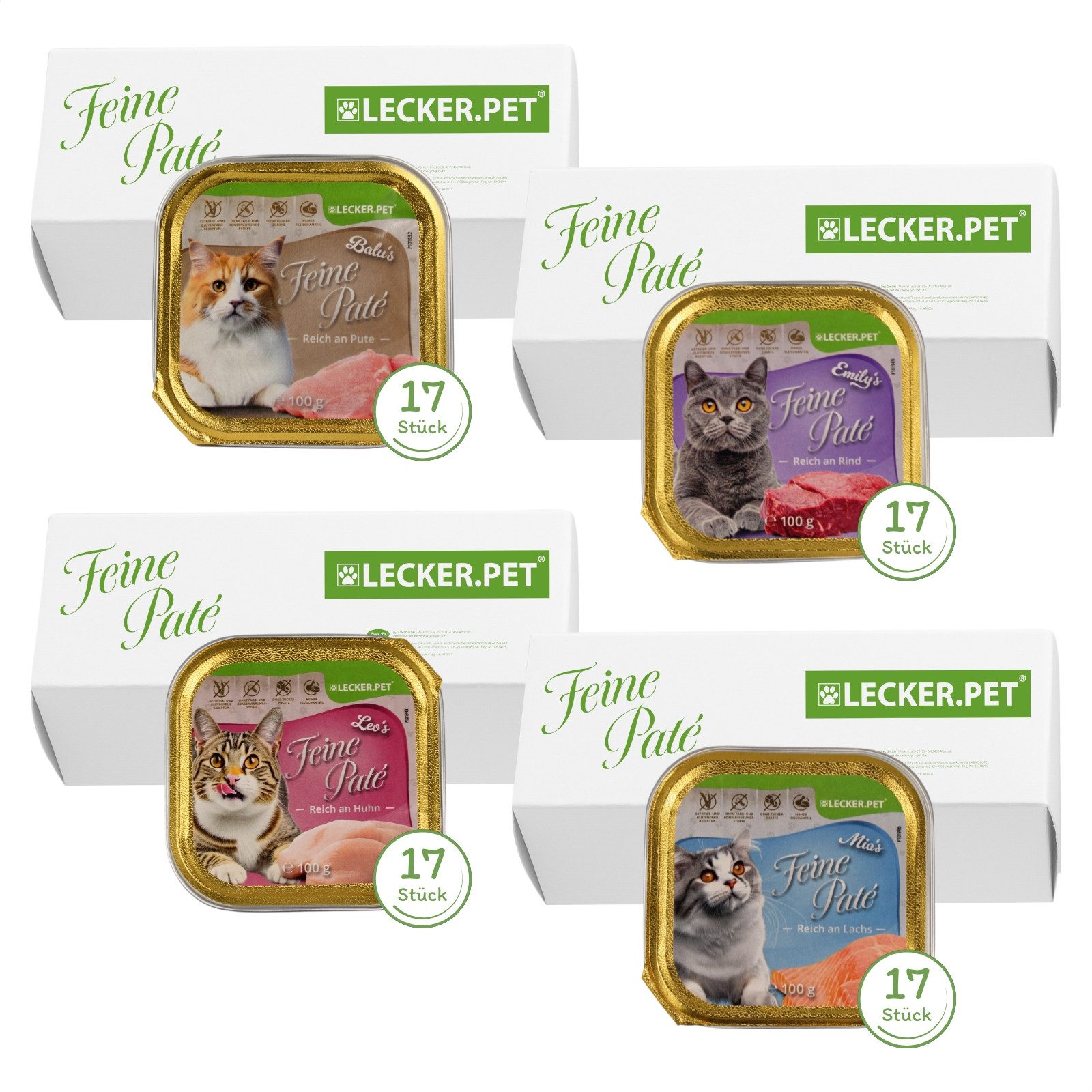 Lecker.Pet 68 x 100 g Lecker.Pet® Balu's, Emily's, Leo's & Mia's Feine Paté Mix Huhn, Nassfutter für: Katze