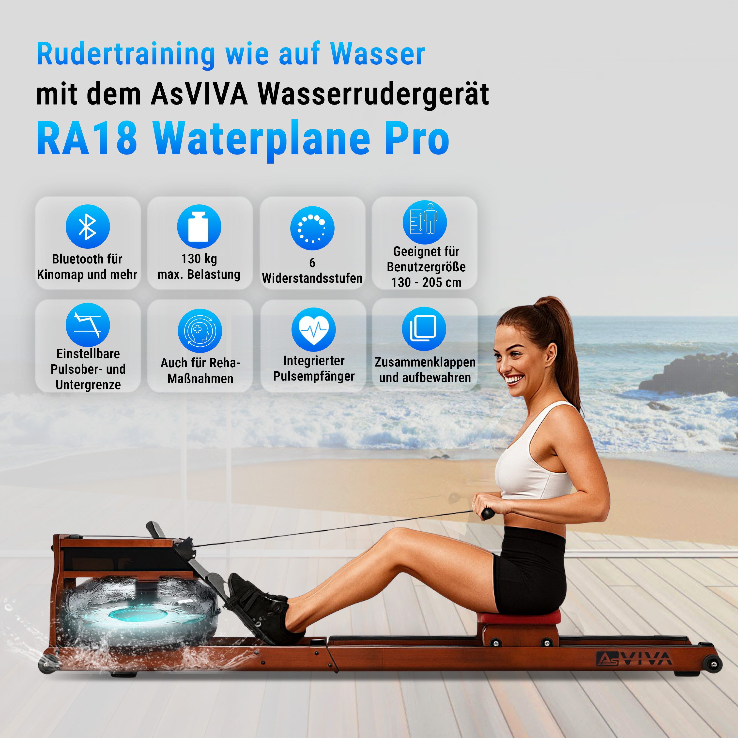 AsVIVA Rudergerät RA18 Wasserrudergerät, Wasserantrieb, Bluetooth-Fitness-App-Kompatibel, Klappbar