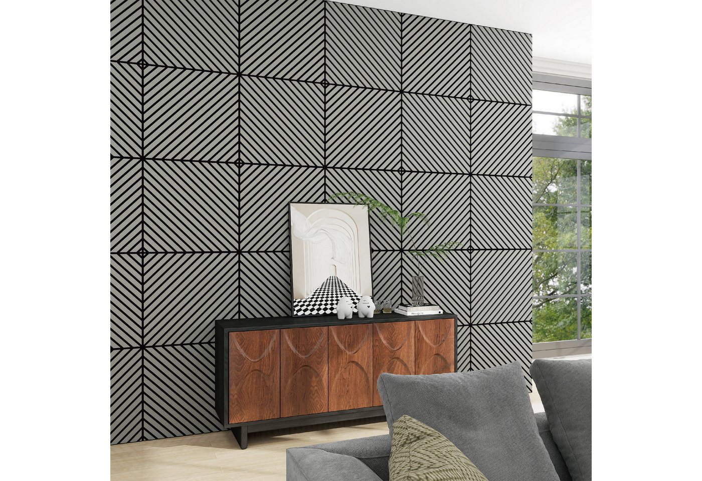 Thumbnail - neu.holz 3D Wandpaneel, BxL: 60x60 cm, (Set, 4-tlg) »Vang« mit diagonalen Lamellen 60x60 cm Eichenoptik, hellgrau