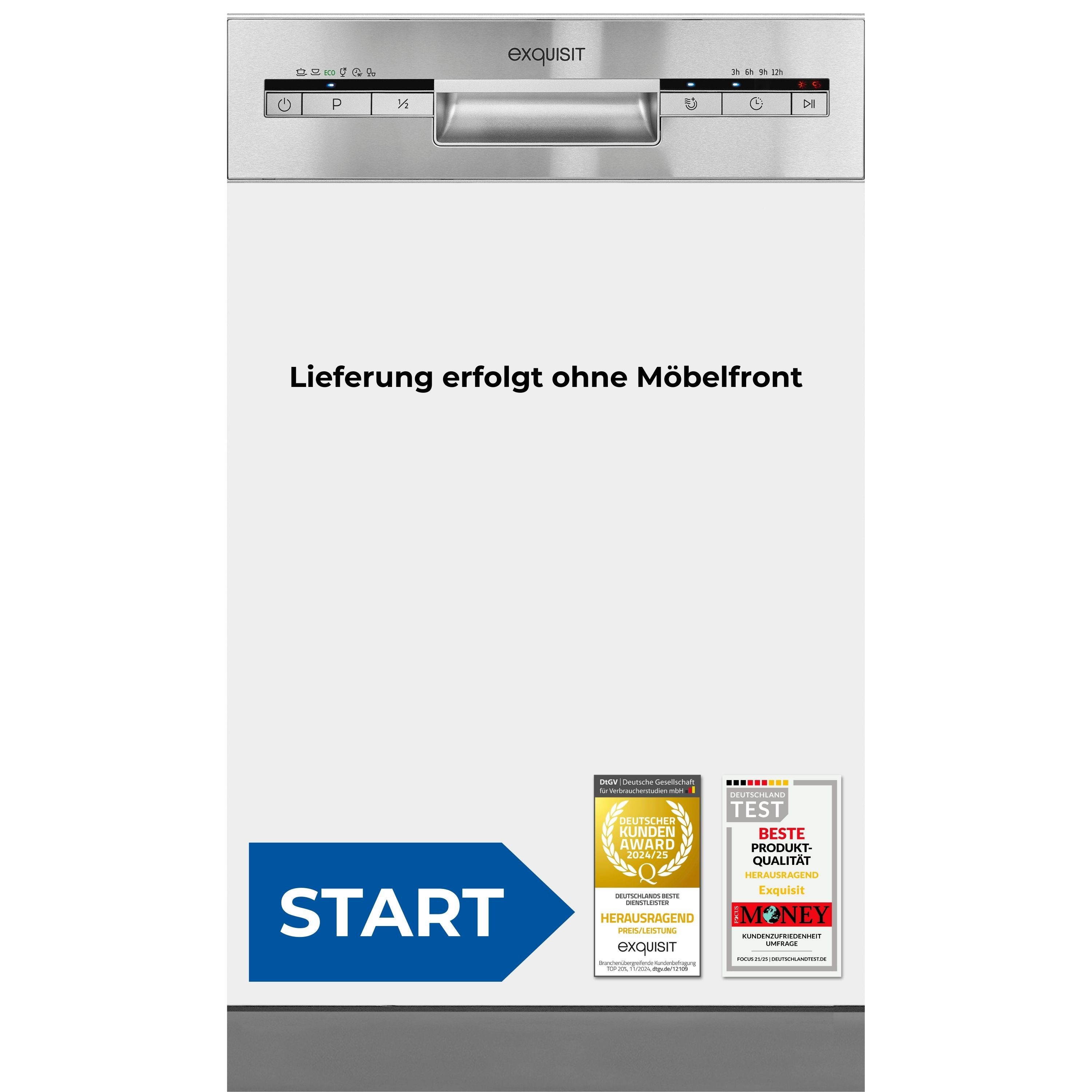 exquisit teilintegrierbarer Geschirrspüler START EGSP51009-EB-030E, 9 Maßgedecke, 45cm breit, 9 Liter, Startzeitvorwahl, einfache Bedienung