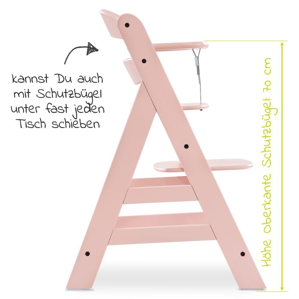 Plus Holz Hochstuhl Schutzbügel Mitwachsender Hauck - Rose, Gurt Alpha verstellbar & mit Kinderhochstuhl