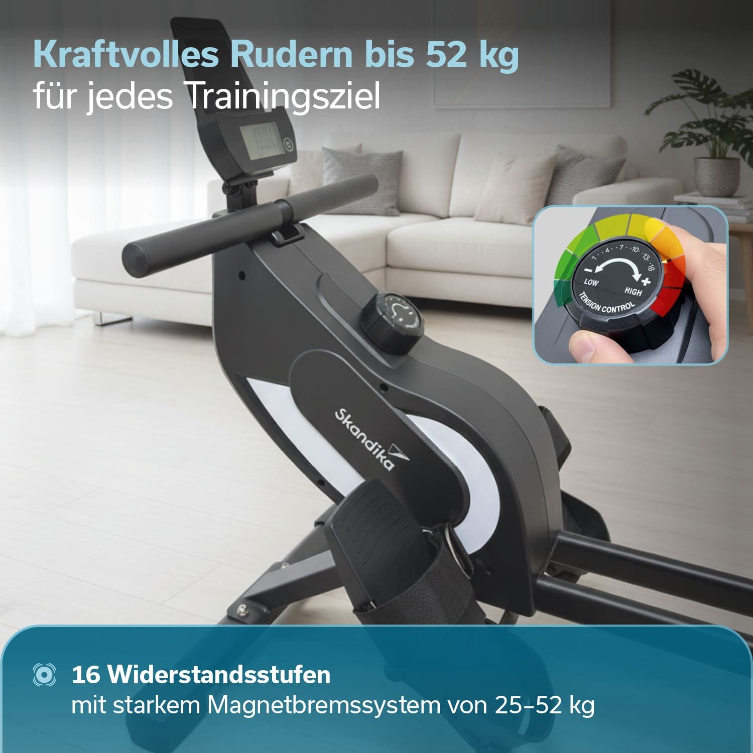 Skandika Rudergerät für Zuhause Venn P5-M, Magnetwiderstand, lange Laufschiene, 16 Stufen (Max. Körpergröße 210 cm, Aufstellfunktion für aufrechte Lagerung), Bluetooth, Kinomap App kompatibel, bis 135 kg, Transportrollen