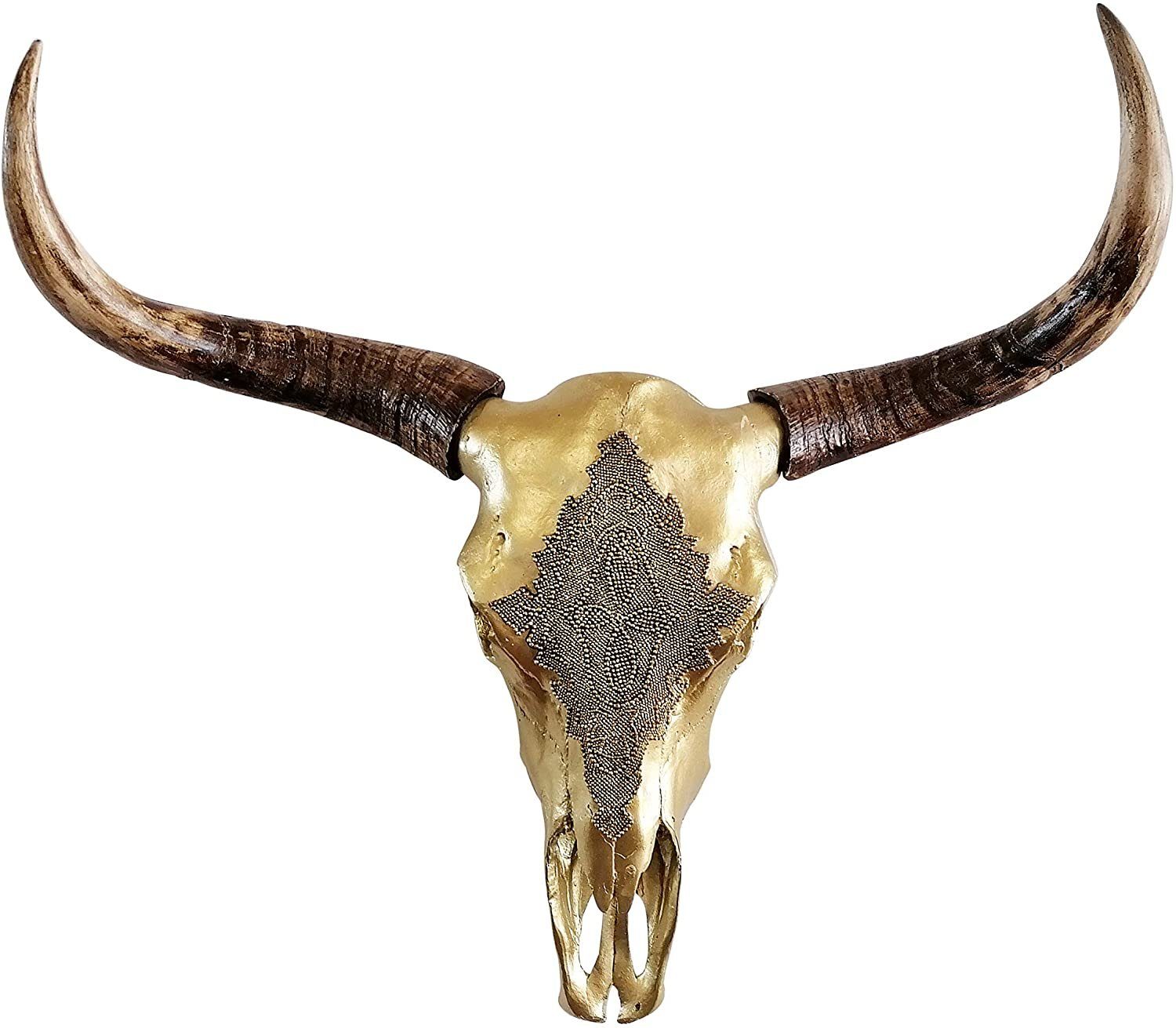 MichaelNoll Wanddekoobjekt Stierkopf Stier Bullenkopf Bullenschädel Geweih Hörner Wanddekoration Polyresin Riesig Gold Luxus Groß - Moderne Wanddeko für Schlafzimmer oder Wohnzimmer - Deko Dekoration - XXL 73 cm | Wandobjekte