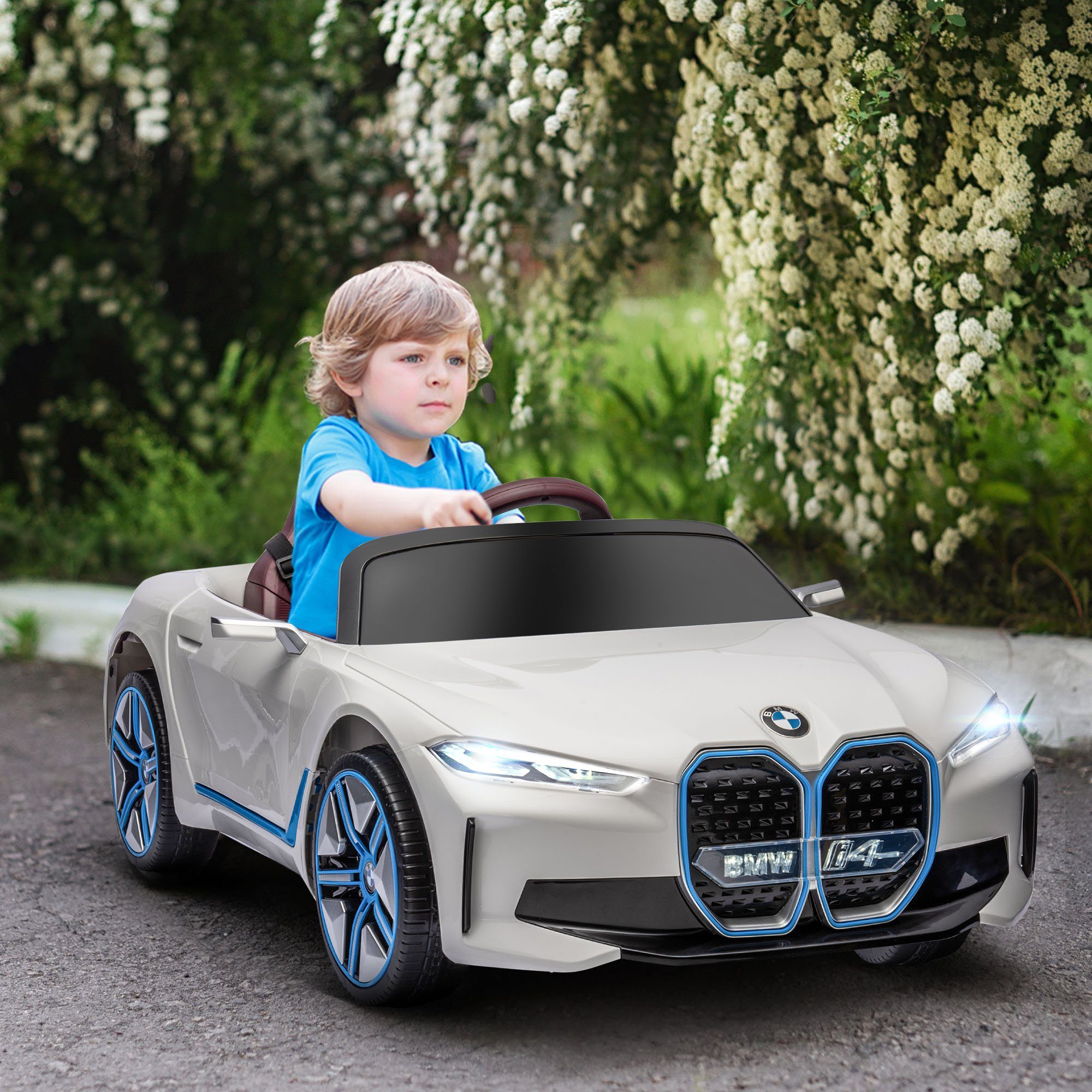 HOMCOM Elektro-Kinderauto Kinder Elektroauto, Elektrisches Kinderfahrzeug mit Scheinwerfer, Belastbarkeit 30 kg, (1-tlg), mit Fernbedienung, Weiß