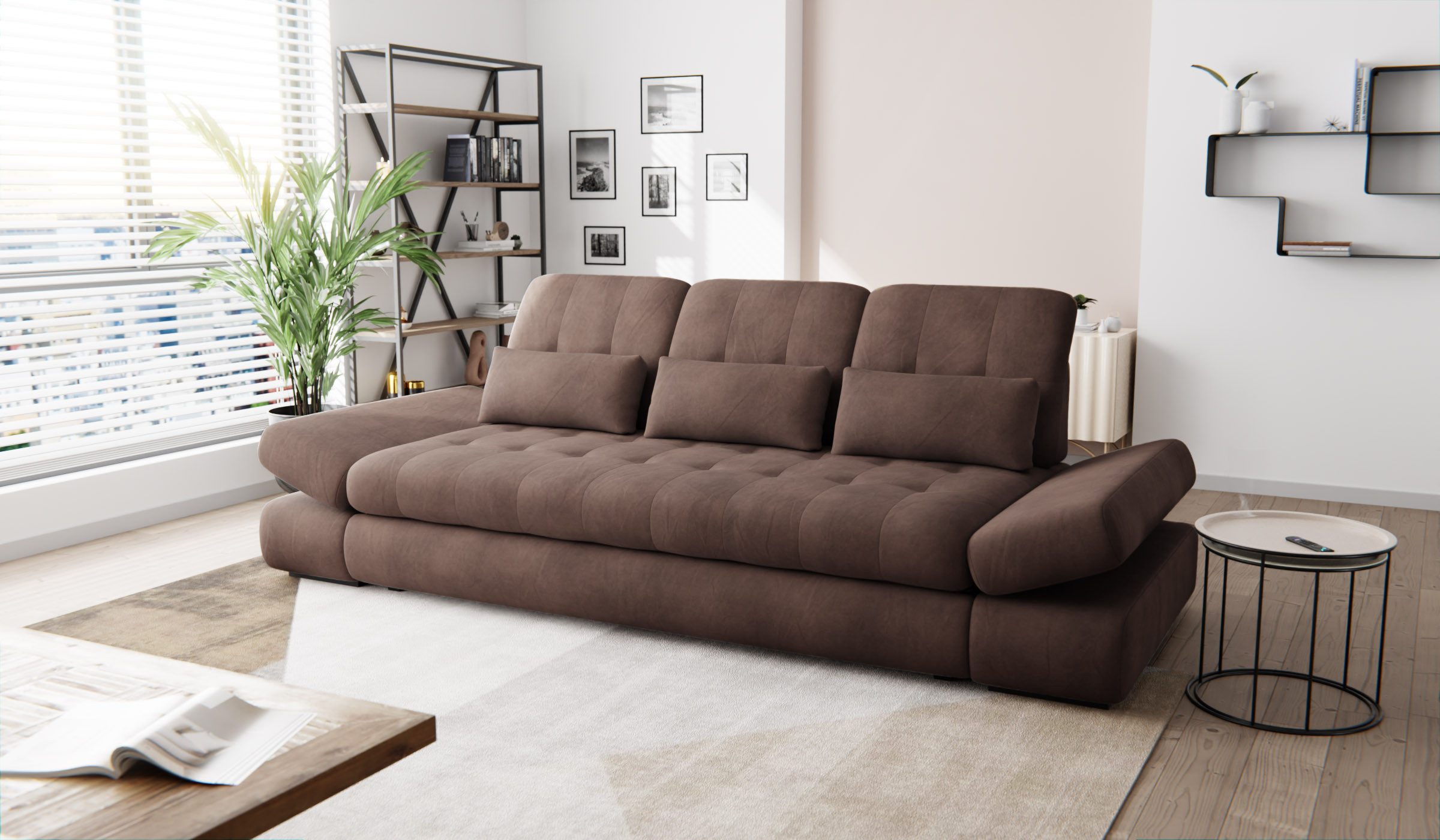 Hygger Möbelhaus Big-Sofa Bronx XXL Couch Inkl. Sitztiefenverstellung, Arm, Kopfteilverstellung, Wahlweise mit Bettfunktion, Schlaffläche 165 cm, 3 Nierenkissen., Der Rahmen ist verstärkt, Hergestellt in Europa